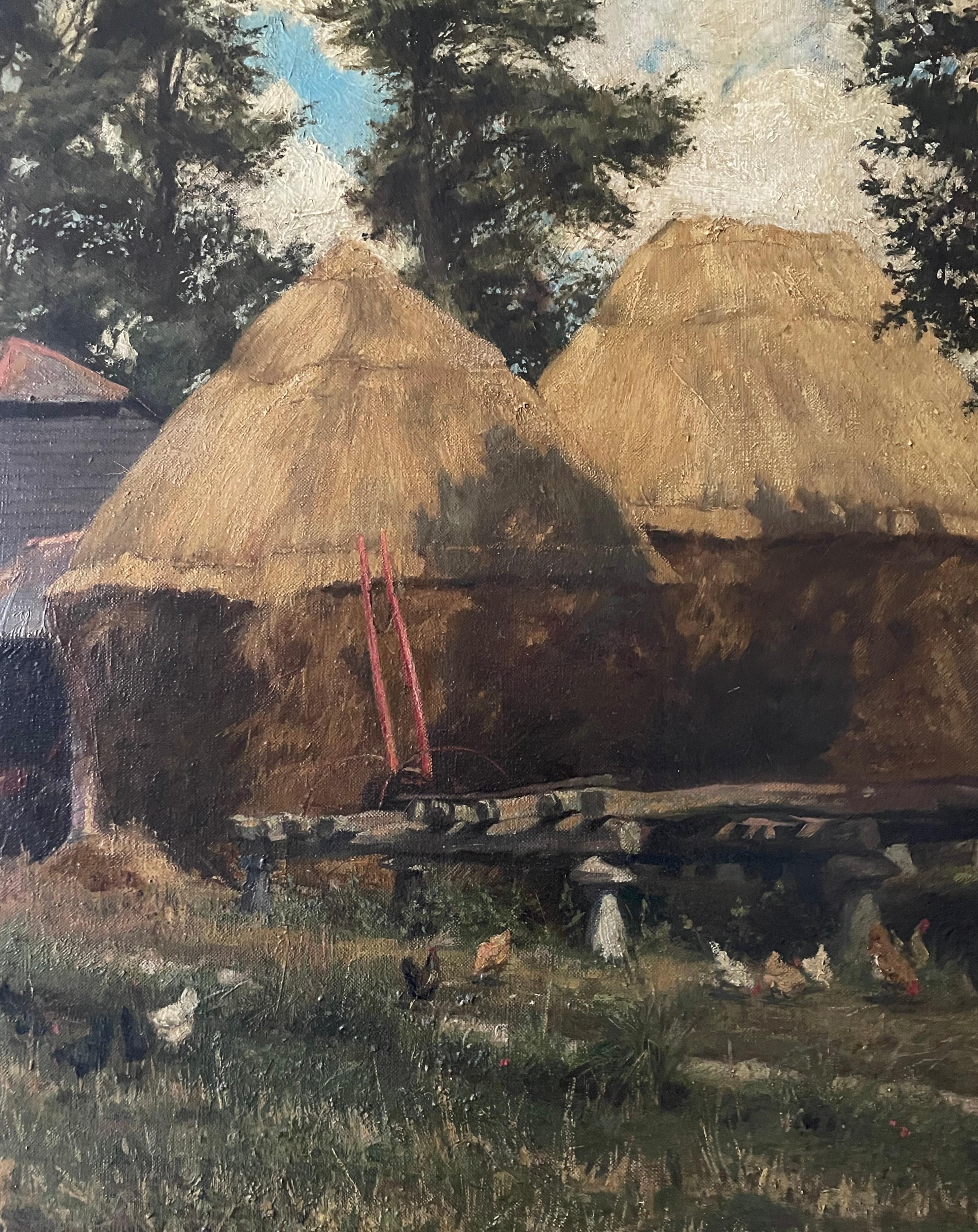 19th C Oil on Canvas of an English Barnyard Scene with Staddlestones For Sale 10