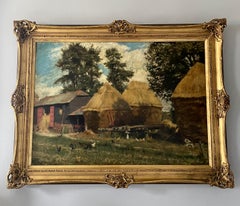 19th C Oil on Canvas of an English Barnyard Scene with Staddlestones