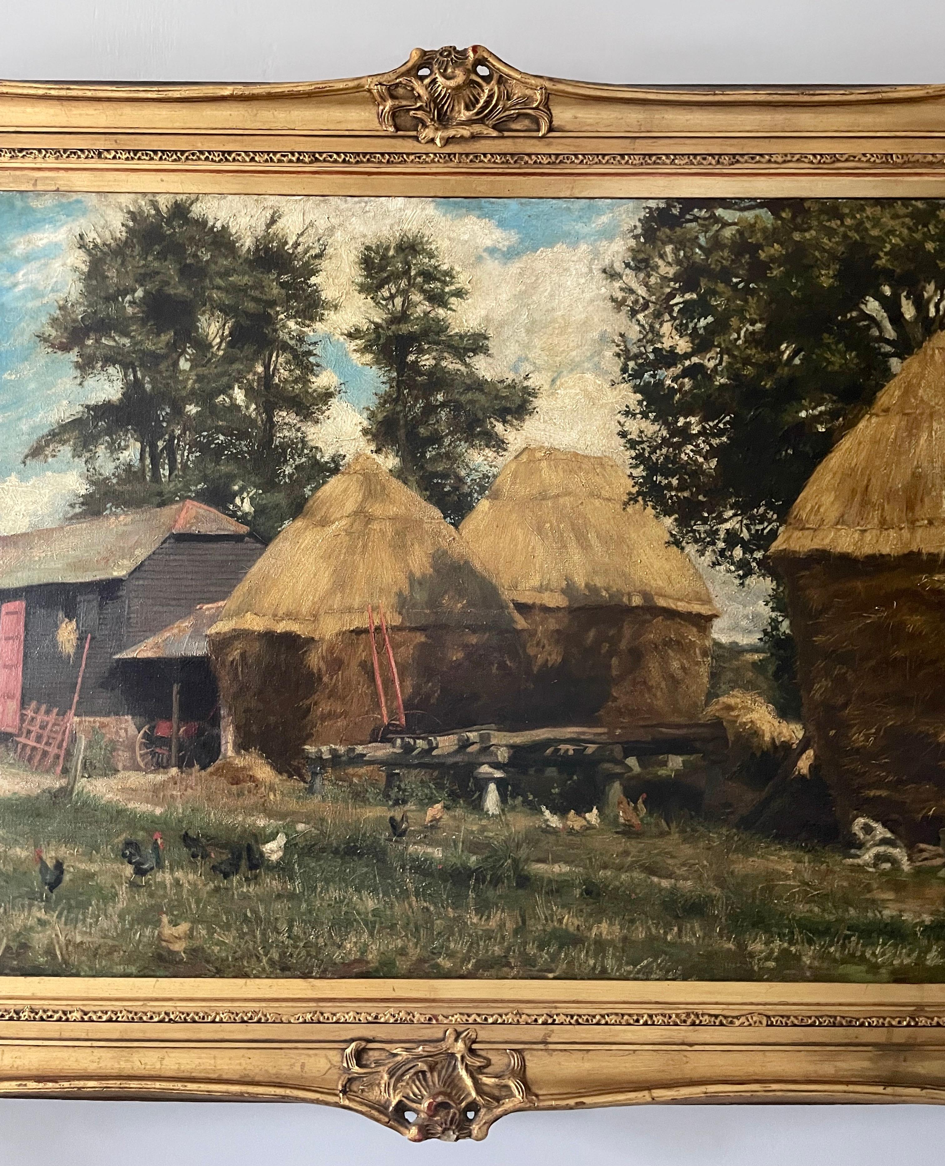 Country 19th C Oil on Canvas of an English Barnyard Scene with Staddlestones For Sale
