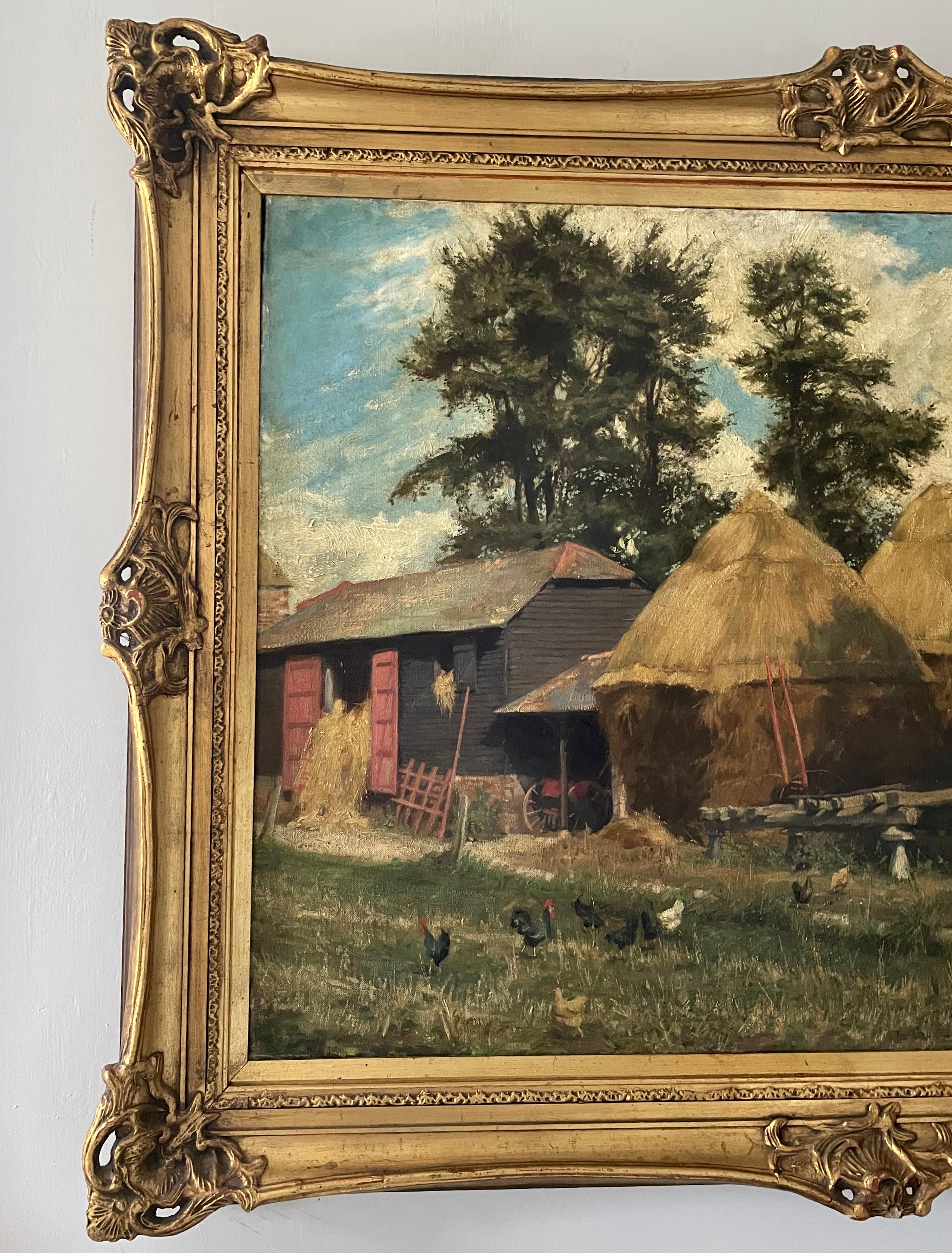 19th C Oil on Canvas of an English Barnyard Scene with Staddlestones In Good Condition For Sale In Woodbury, CT