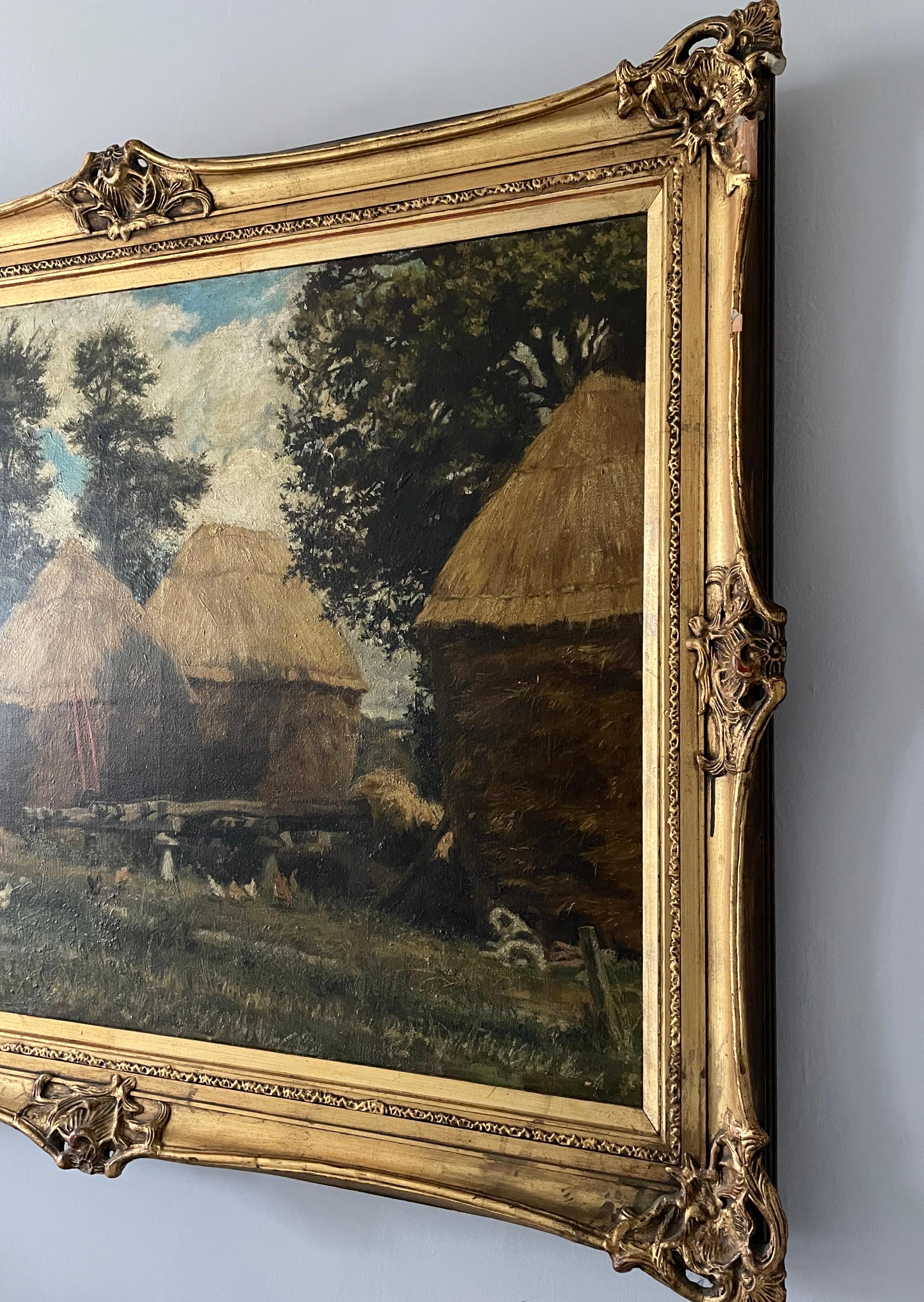 19th Century 19th C Oil on Canvas of an English Barnyard Scene with Staddlestones For Sale