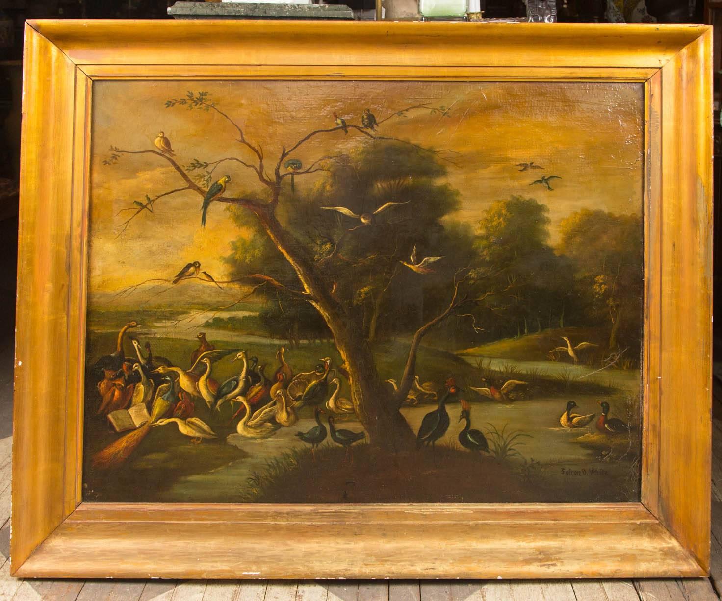 Geese, swans and ducks flock by a woodland stream. Giltwood frame. Signed lower right Fulton D. White.
In as found condition.