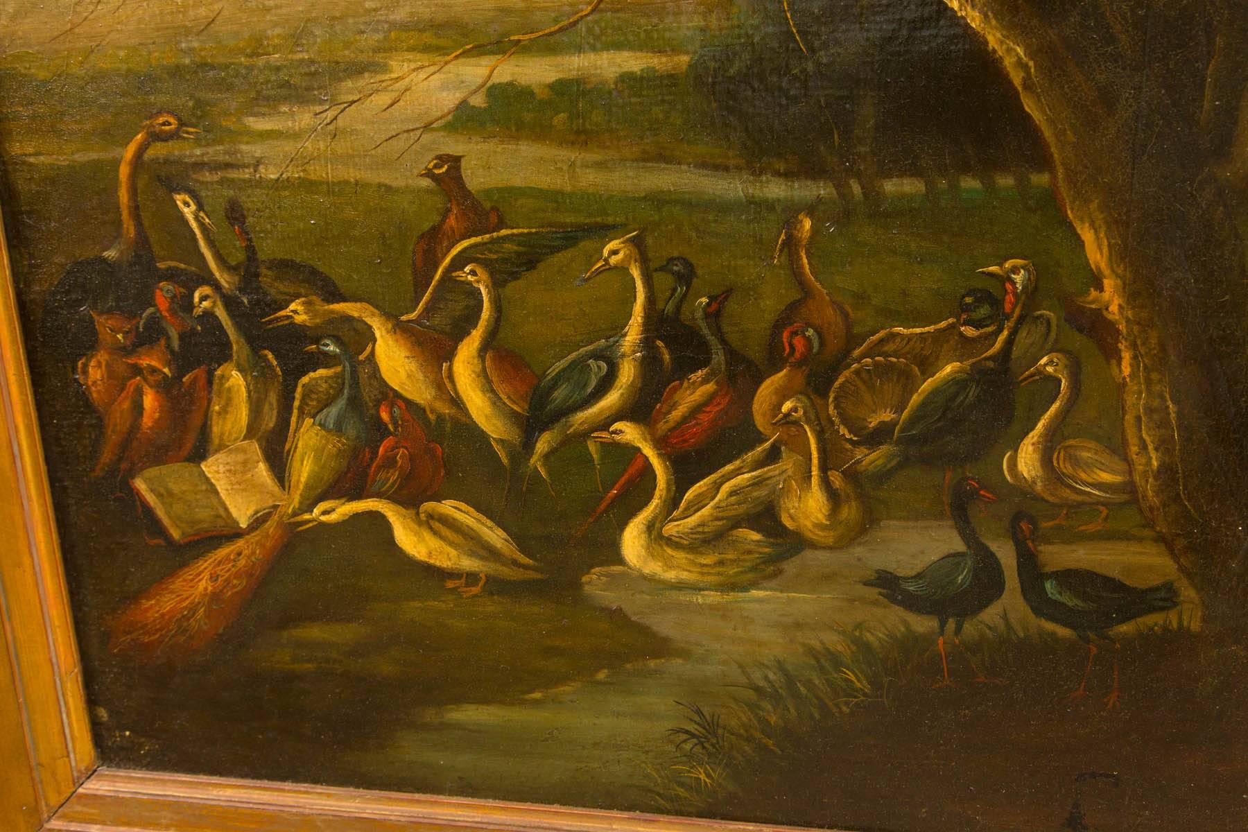 19th Century Oil on Canvas of Birds by a Stream For Sale