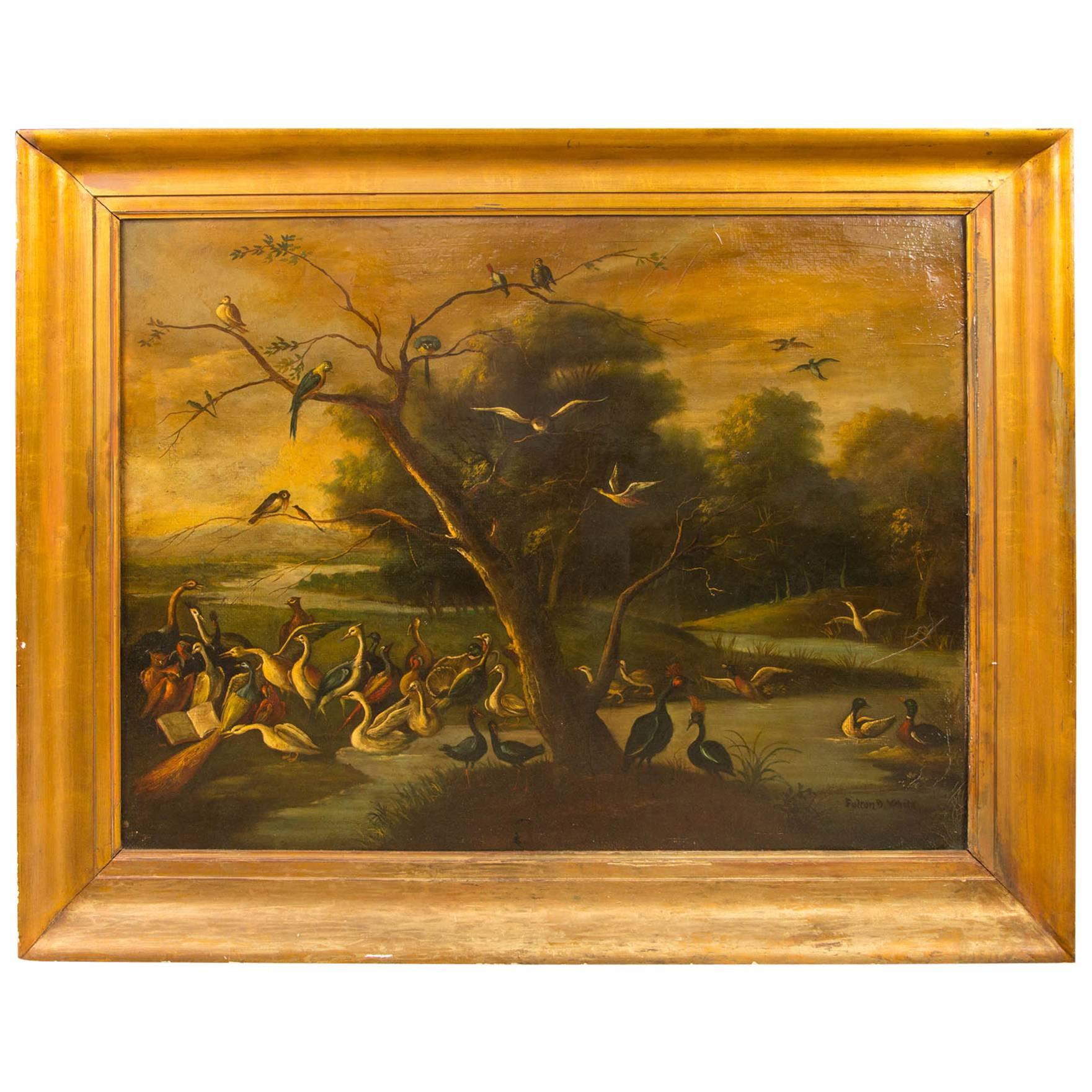 Oil on Canvas of Birds by a Stream For Sale