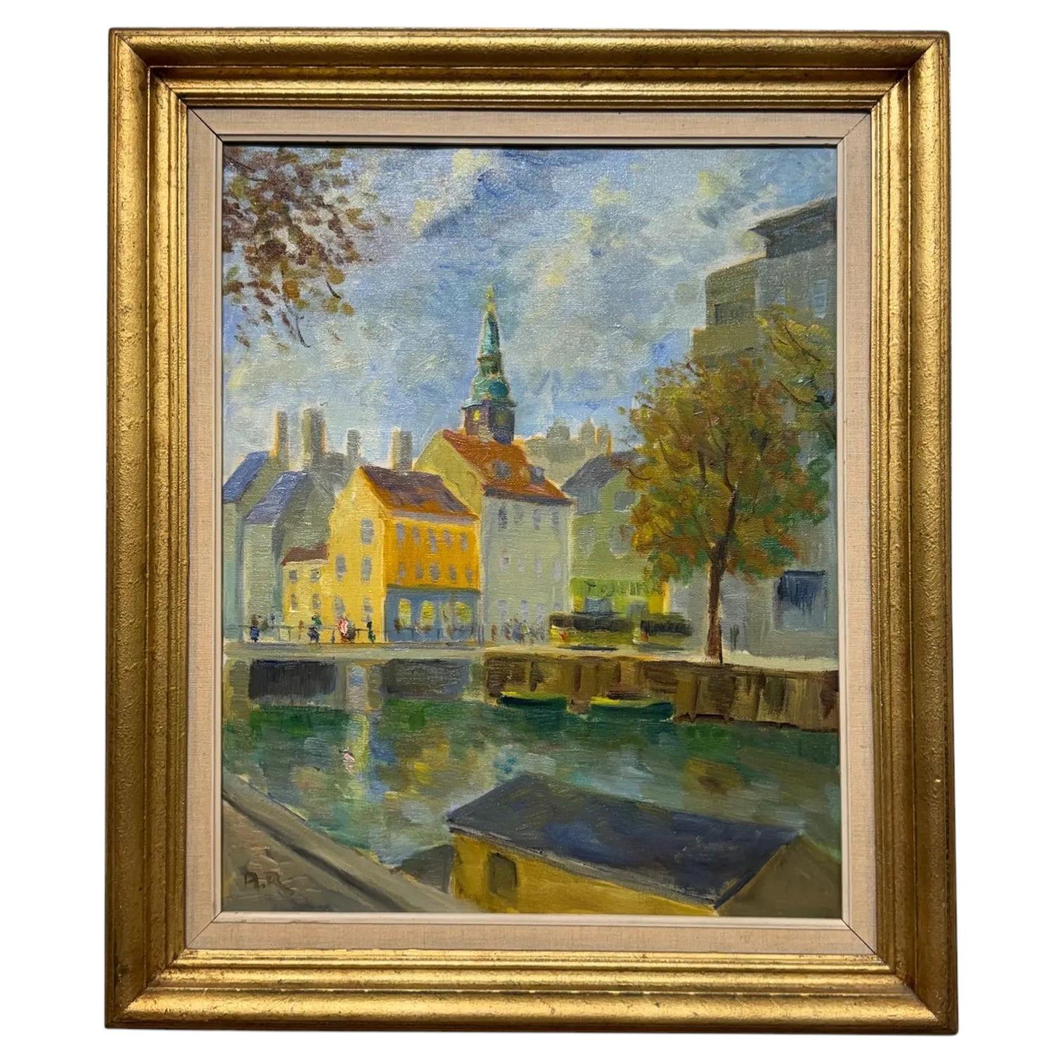 Huile sur toile d'une scène de la ville de Copenhague