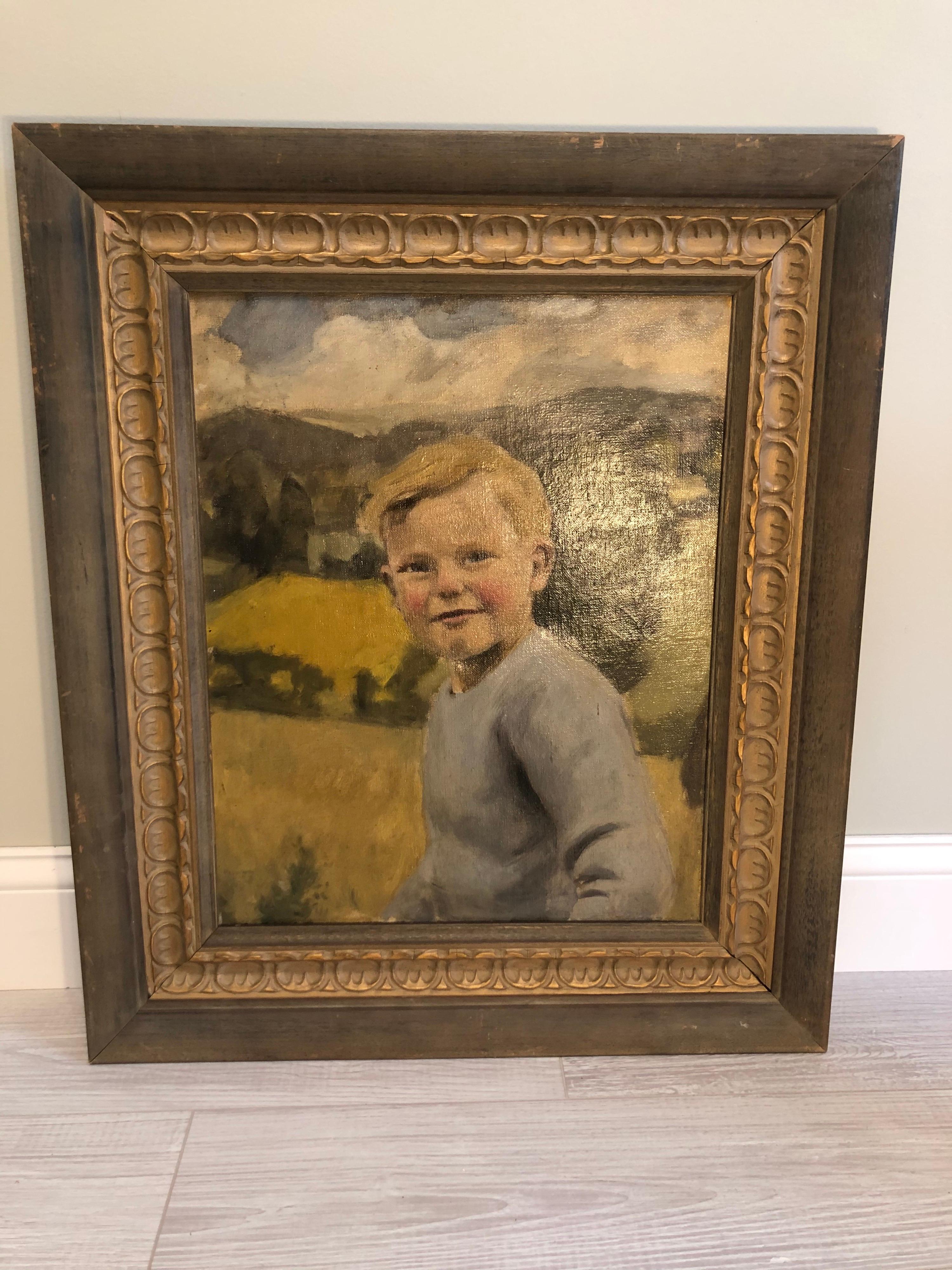 Oil on Canvas of German or Swiss Alps youth circa 1930's. This infectious youth is all smiles and happy to be outside near some mountaintop. Nice clean painting with great artistic technique. Dramatically frames in solid wooden frame of gray and