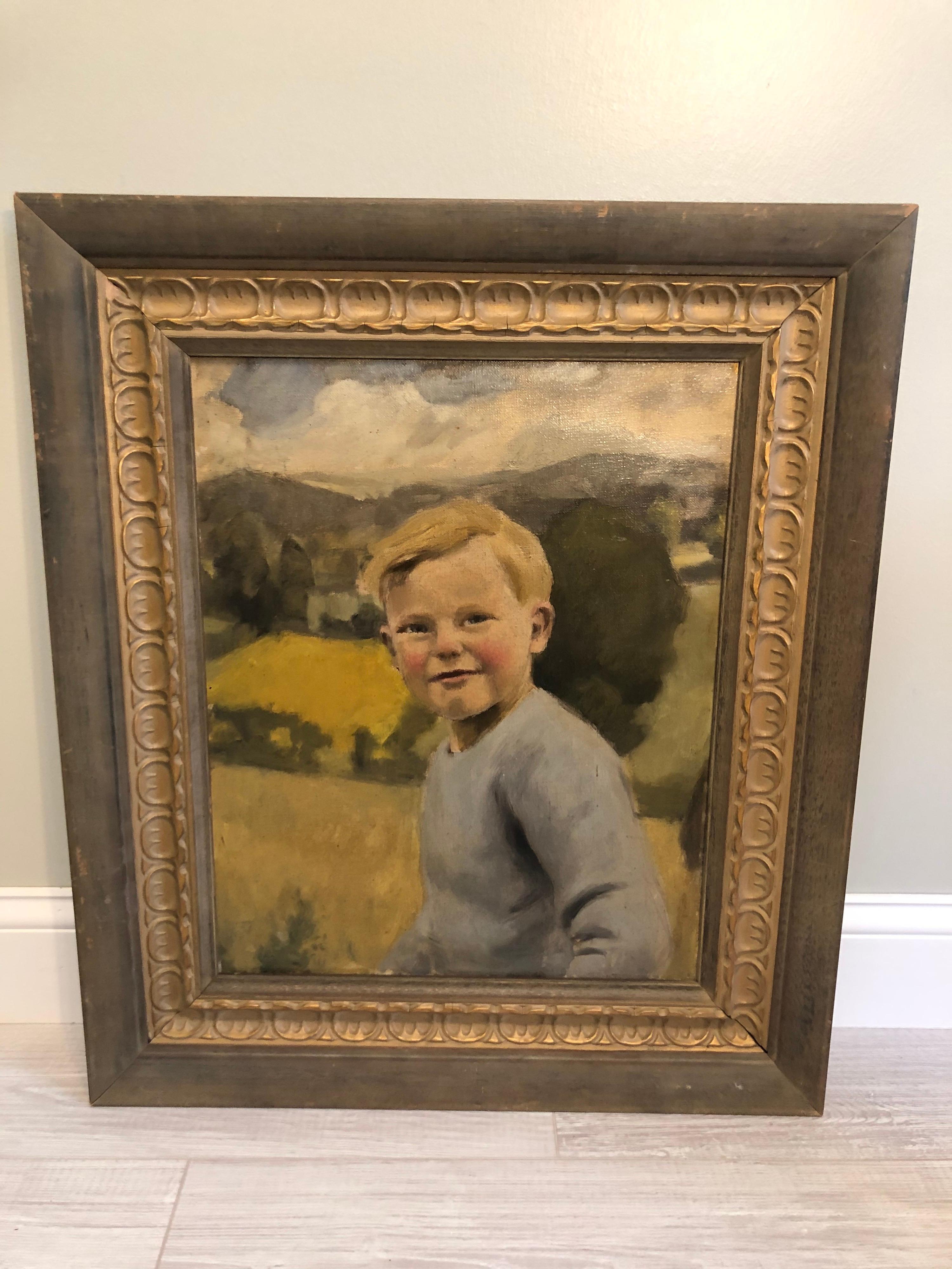 Hand-Painted Oil on Canvas of German or Swiss Alps Youth circa 1930's  For Sale
