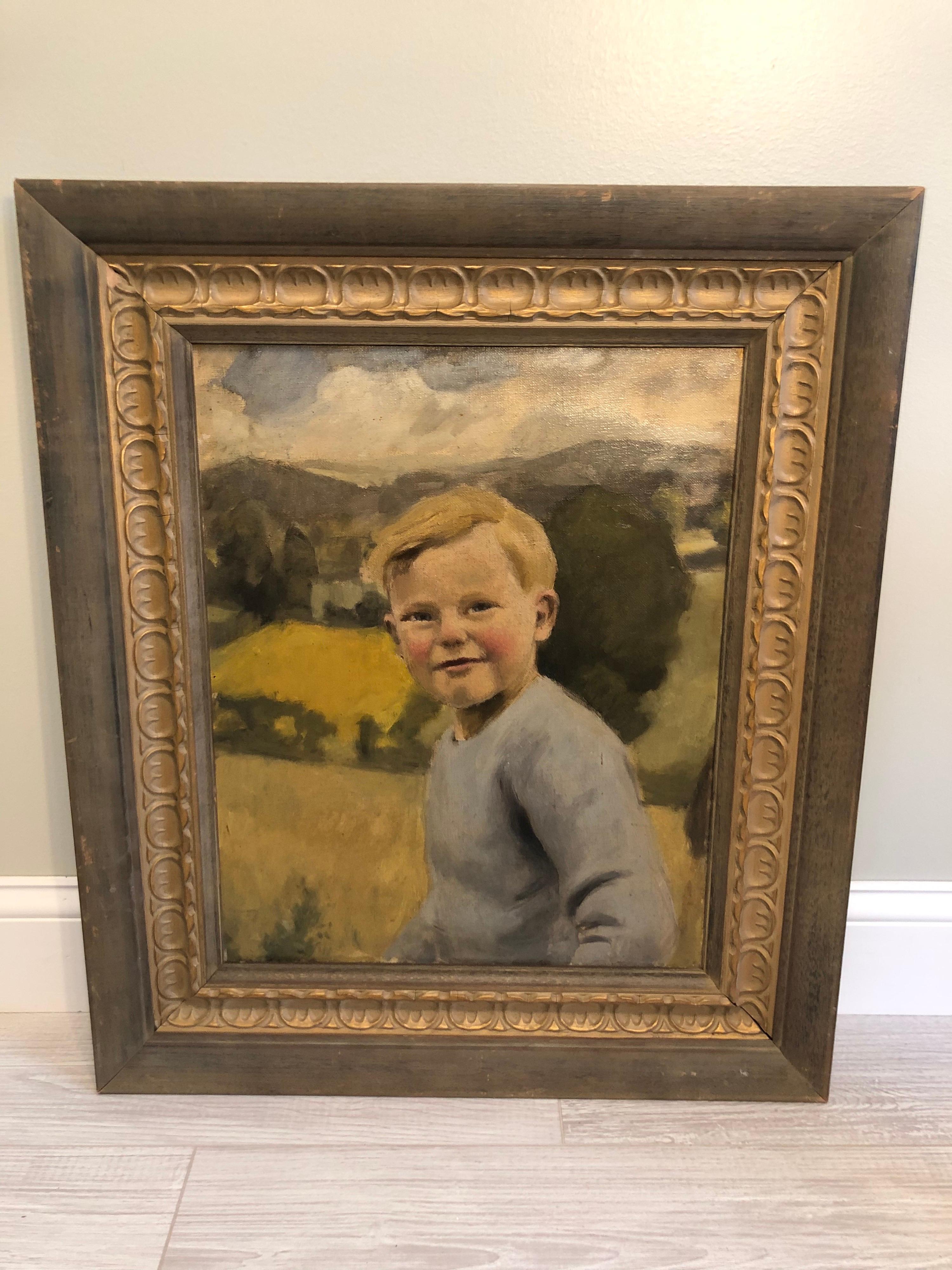 Oil on Canvas of German or Swiss Alps Youth circa 1930's  In Good Condition For Sale In Redding, CT