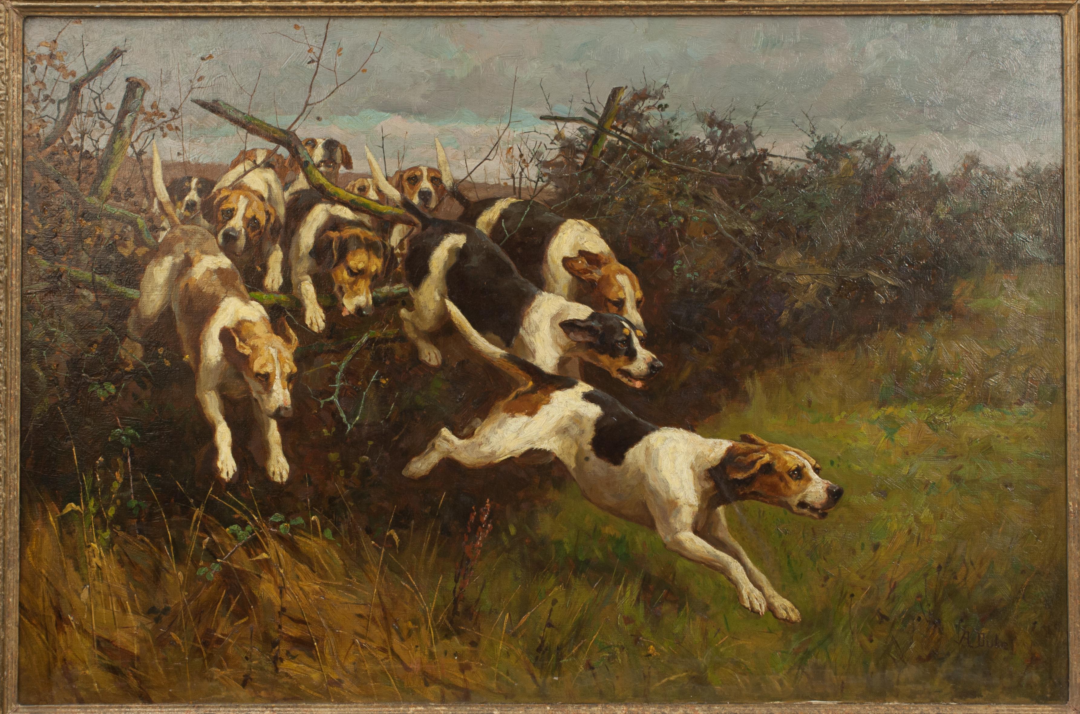 Britannique Huile sur toile de chiens de chasse sautant une clôture en vente