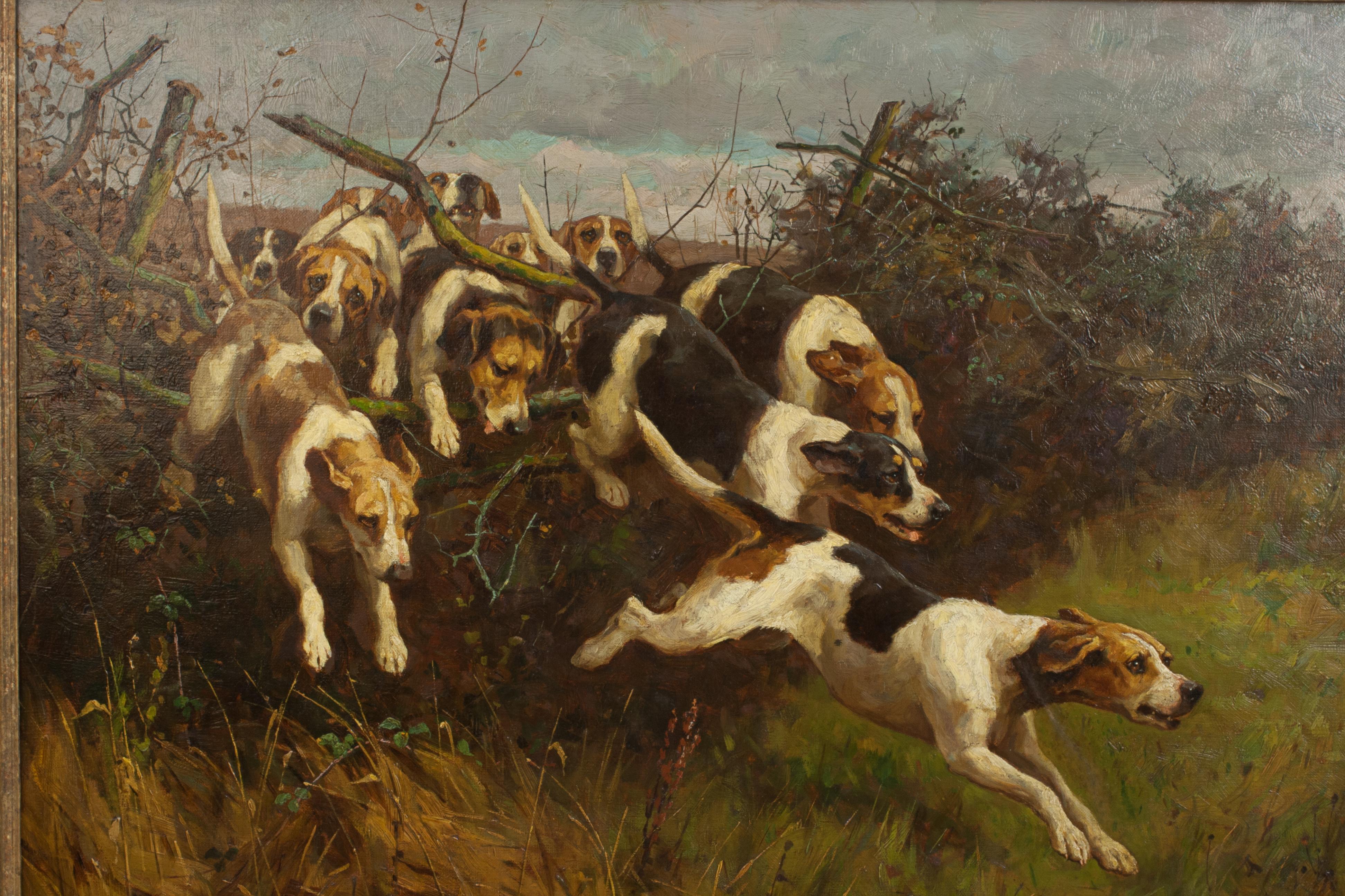 Huile sur toile de chiens de chasse sautant une clôture Bon état - En vente à Oxfordshire, GB