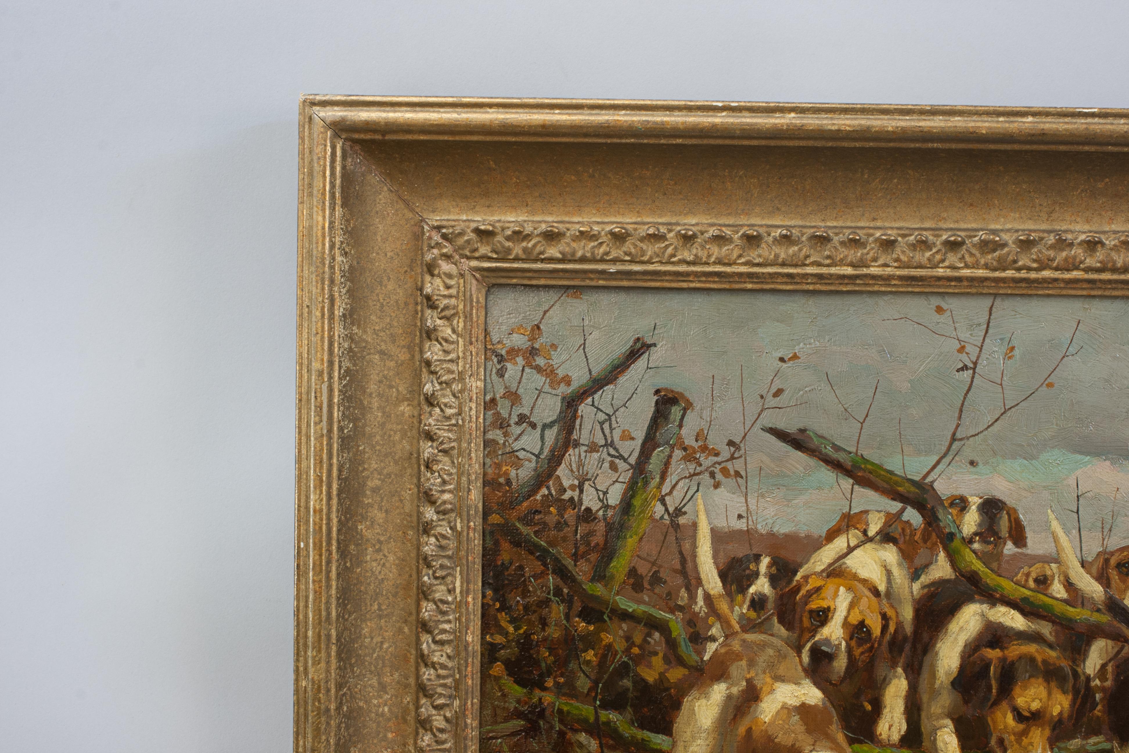 XIXe siècle Huile sur toile de chiens de chasse sautant une clôture en vente