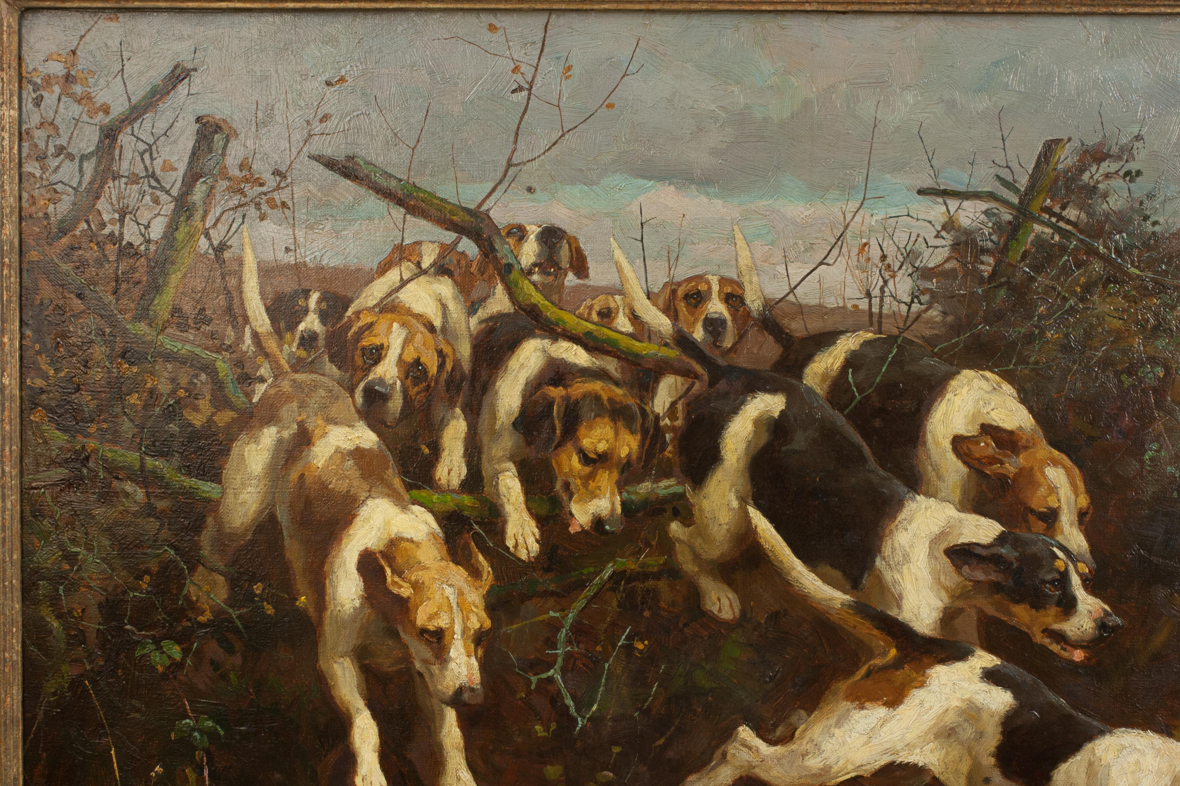 Toile Huile sur toile de chiens de chasse sautant une clôture en vente