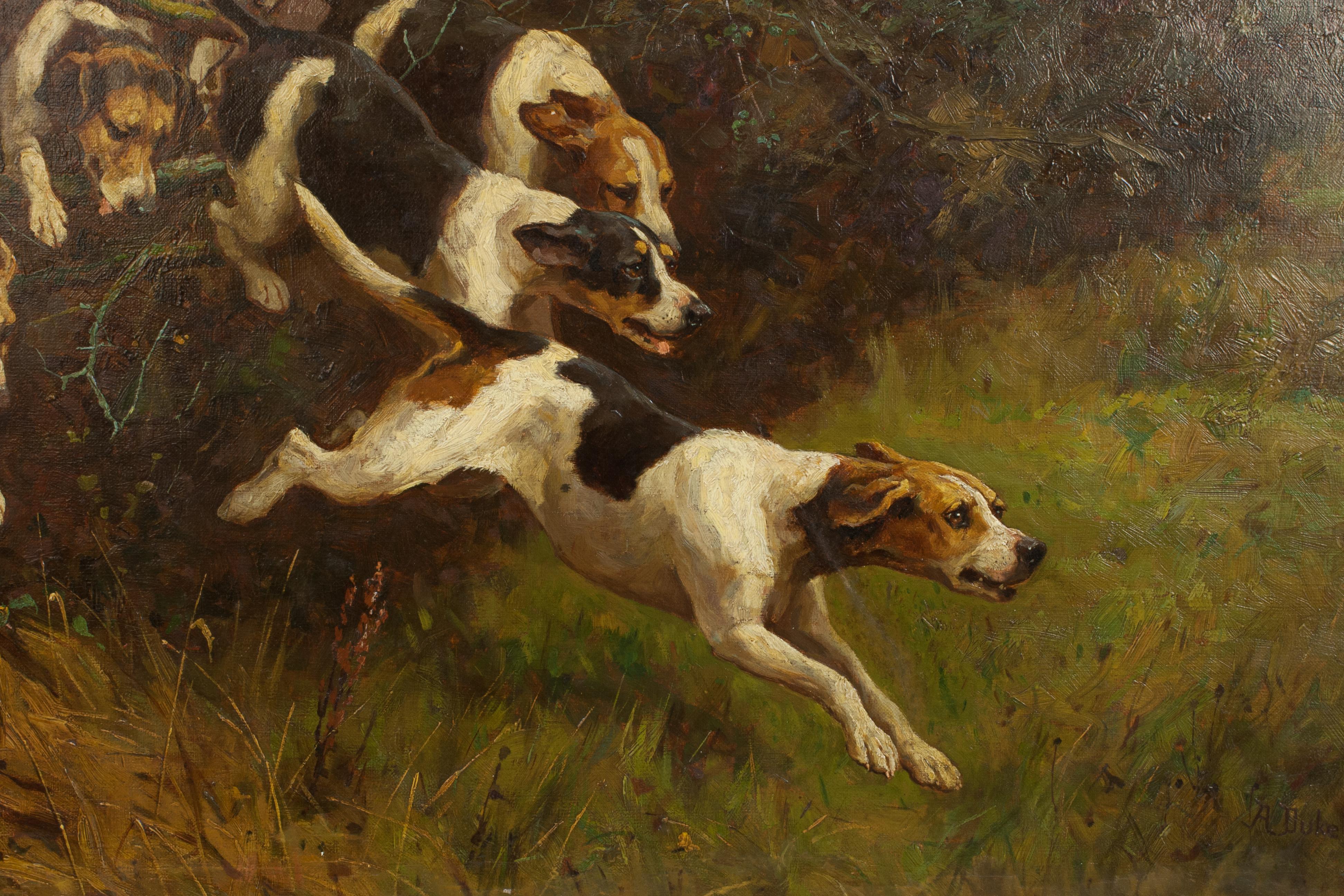 Huile sur toile de chiens de chasse sautant une clôture en vente 1