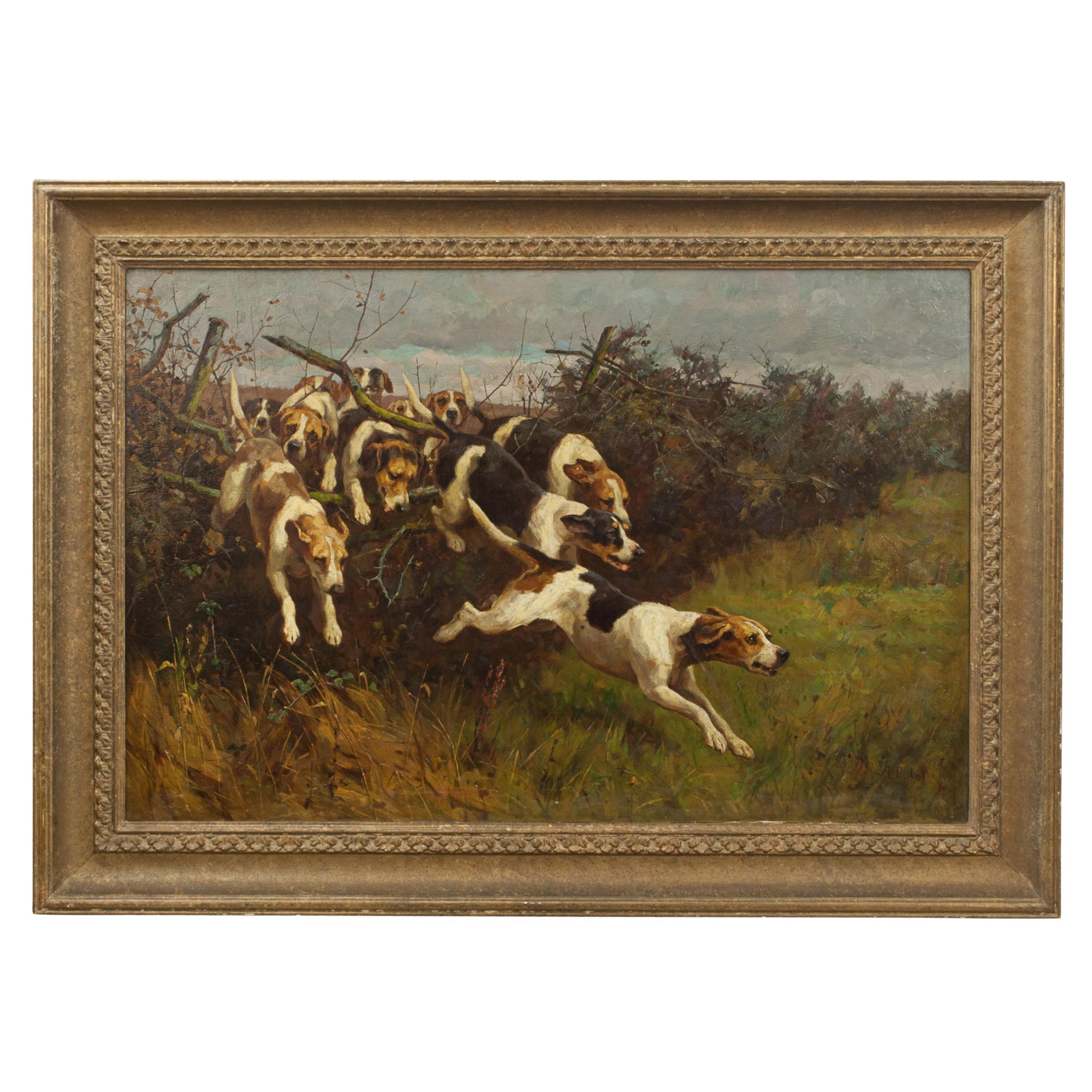 Öl auf Leinwand von Hunden, die über einen Zaun springen