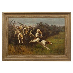 Olio su tela di cani che saltano un recinto