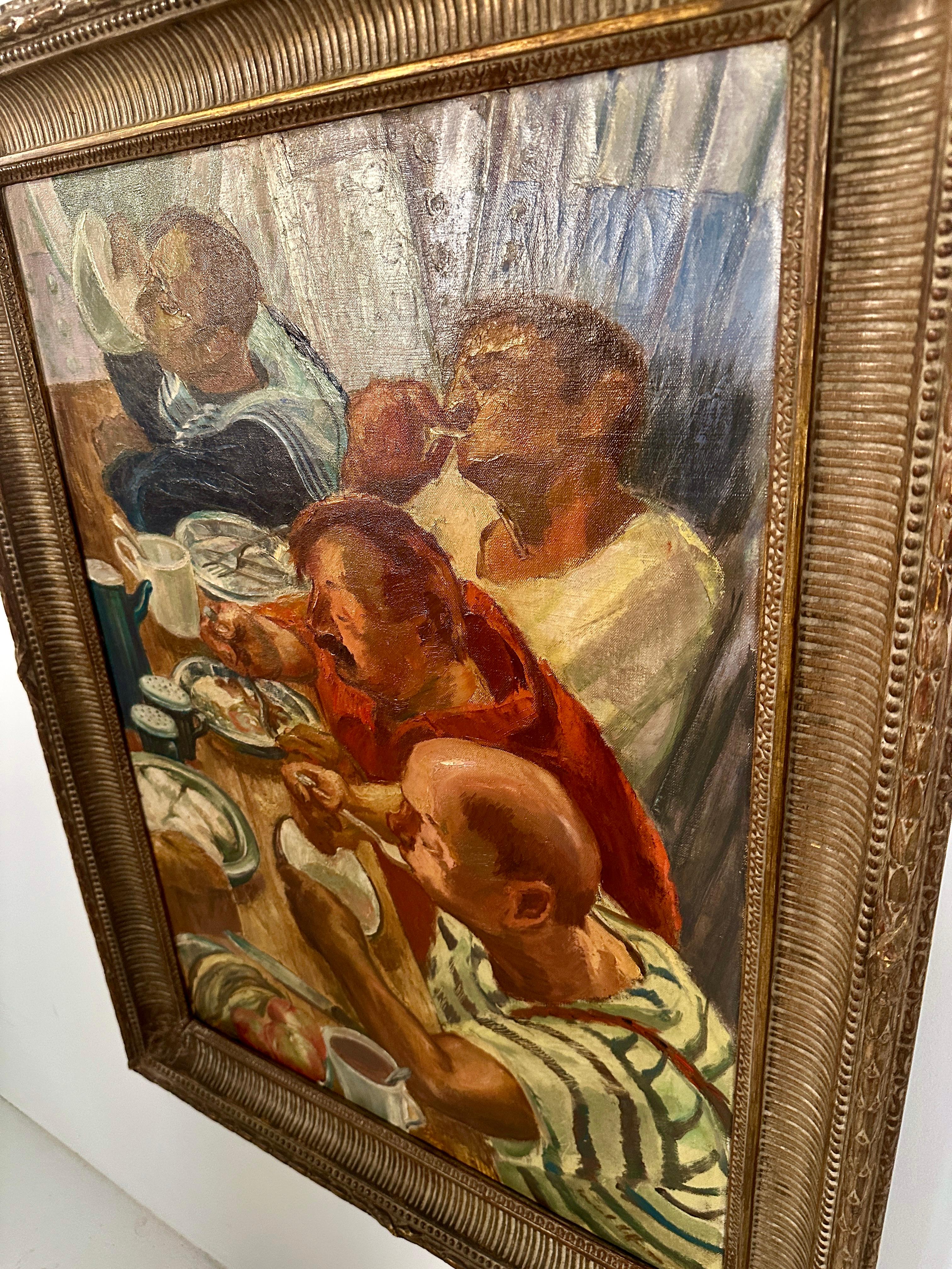 A group of mariners, sharing a meal on-board their ship. In the style of WPA artists featuring working men. Signed and beautifully rendered, but unfortunately the signature is illegible. Original frame. Very fine condition, newly cleaned.