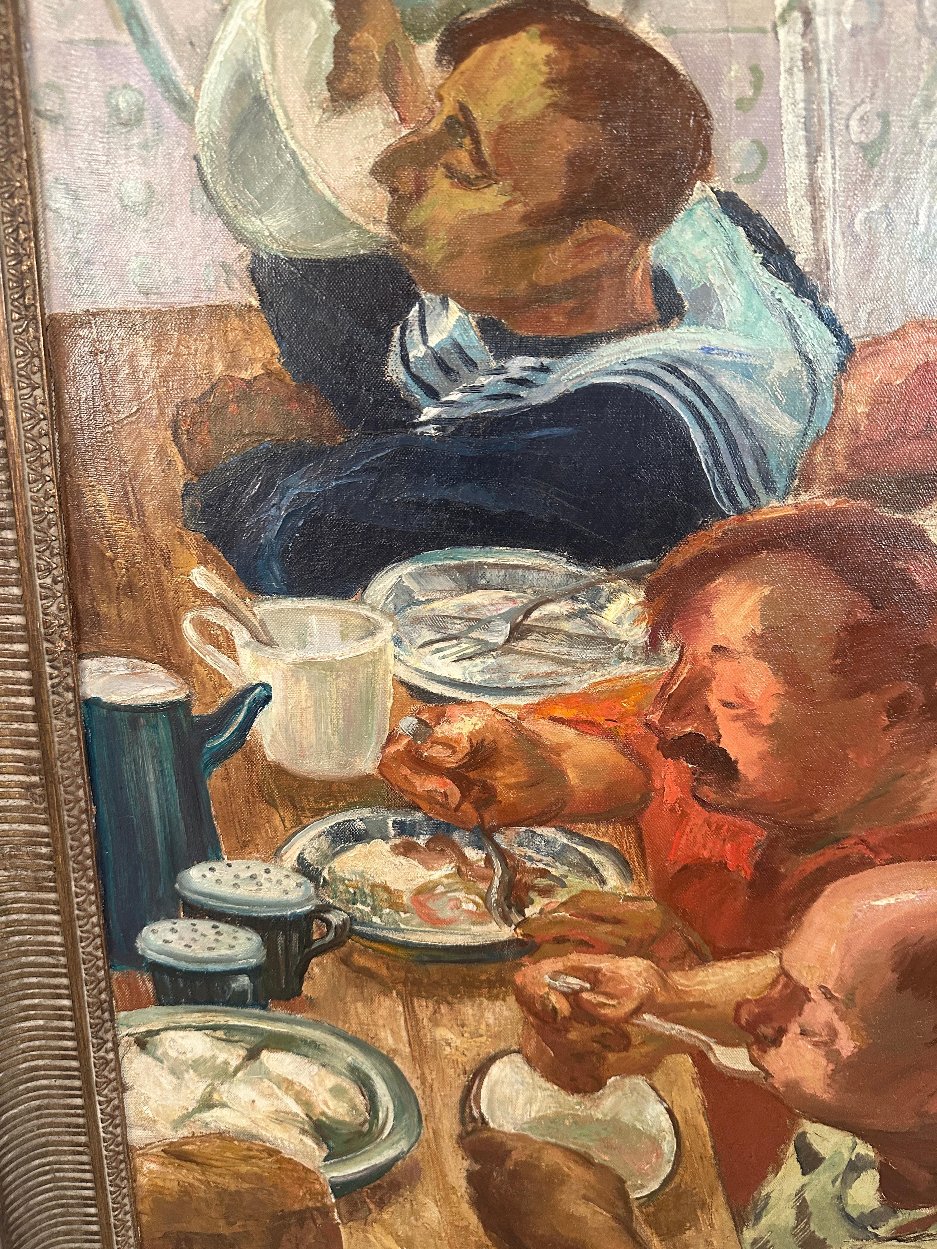 Expressionist Oil on Canvas of Mariners Sharing a Meal, USA c 1930s For Sale