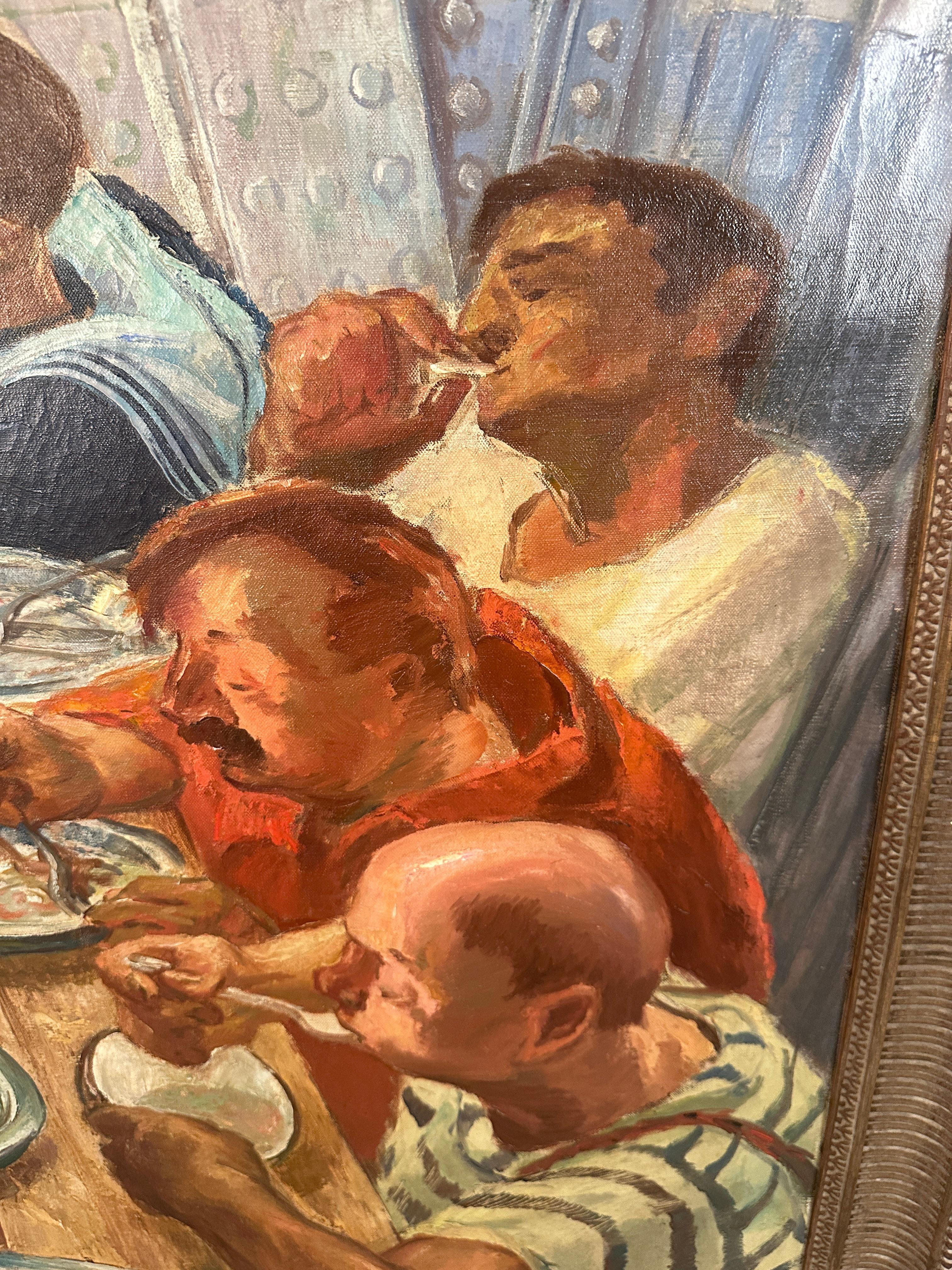 American Oil on Canvas of Mariners Sharing a Meal, USA c 1930s For Sale