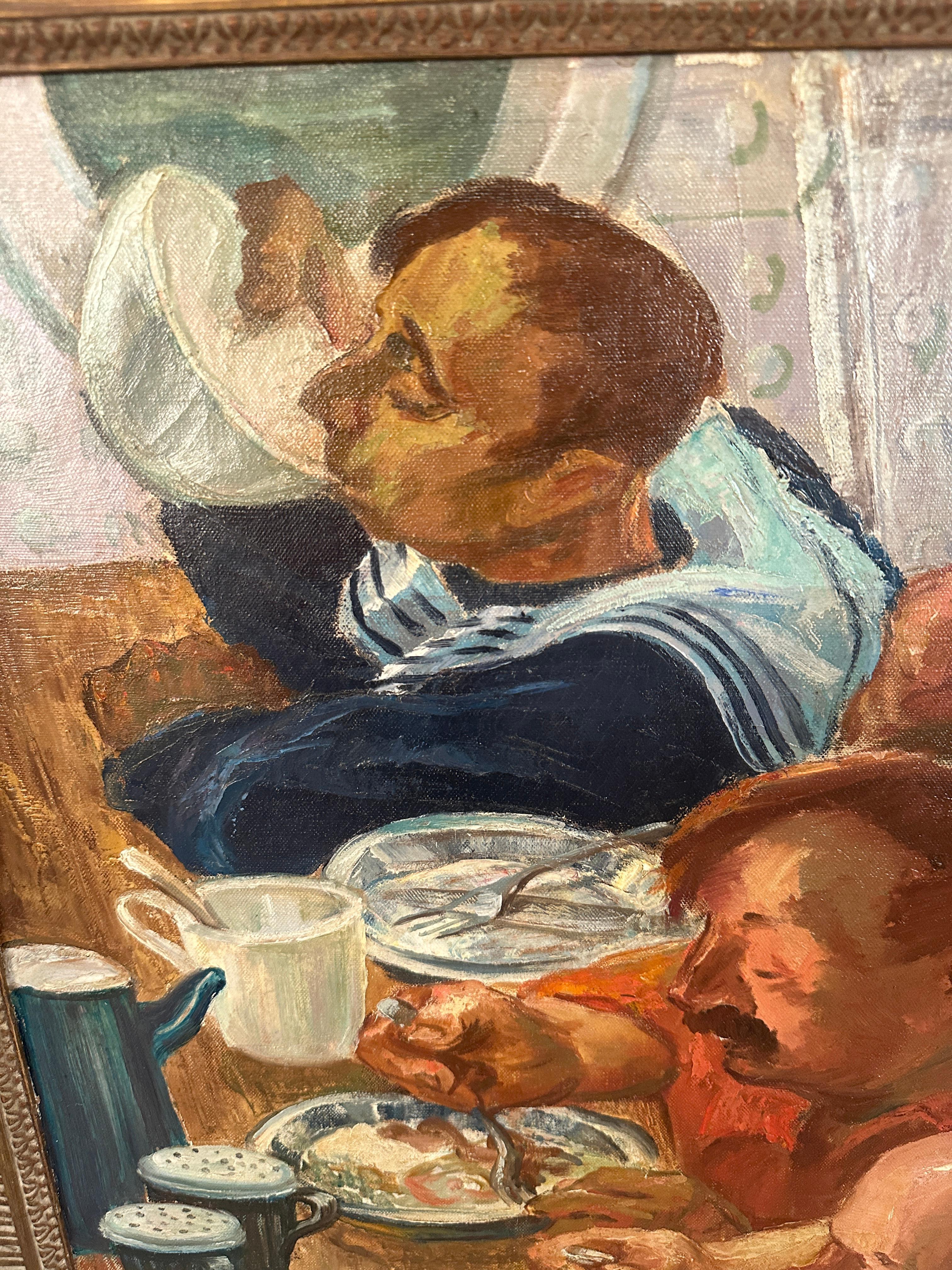 Oil on Canvas of Mariners Sharing a Meal, USA c 1930s In Good Condition For Sale In Norwalk, CT