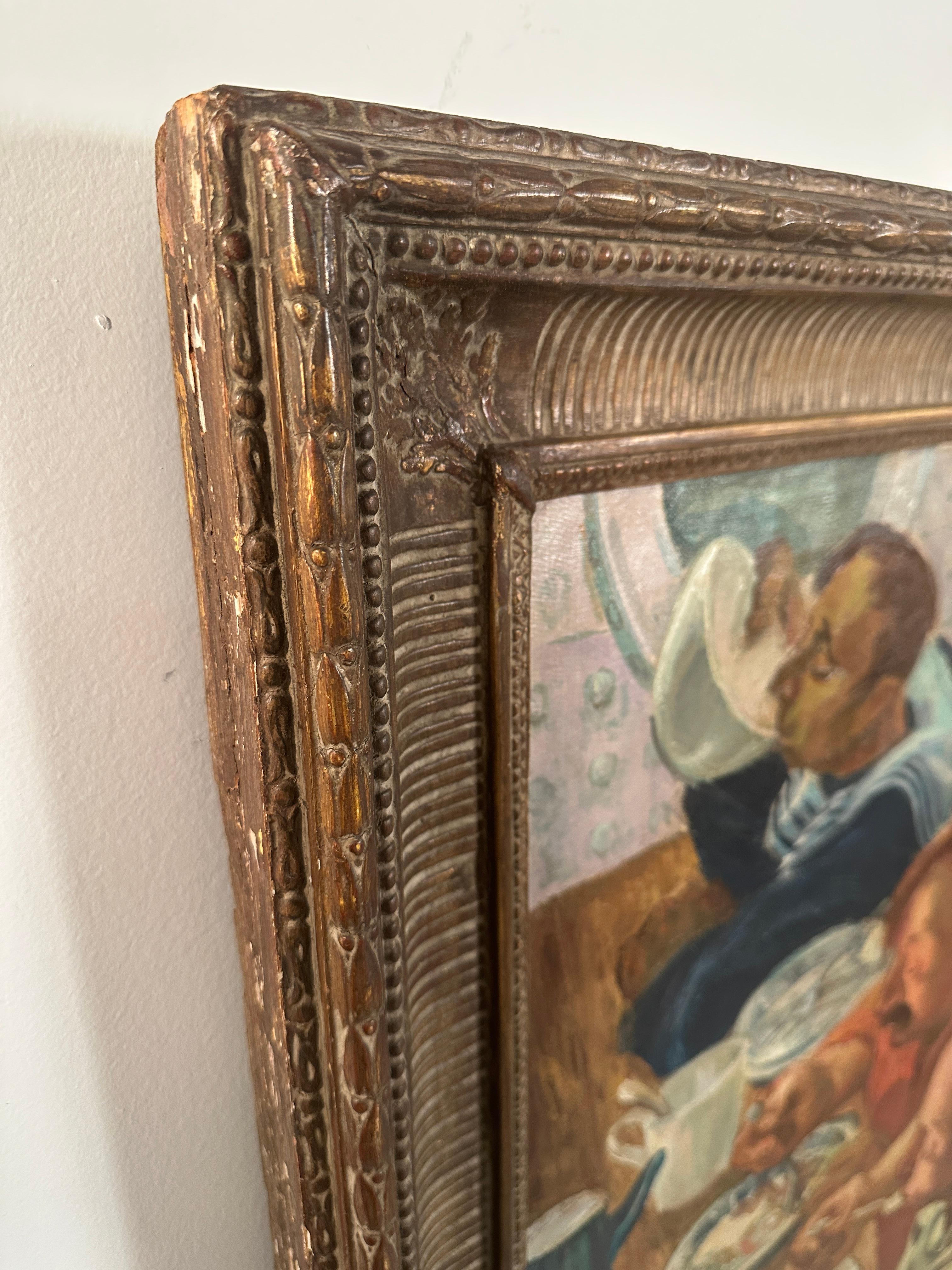 Paint Oil on Canvas of Mariners Sharing a Meal, USA c 1930s For Sale