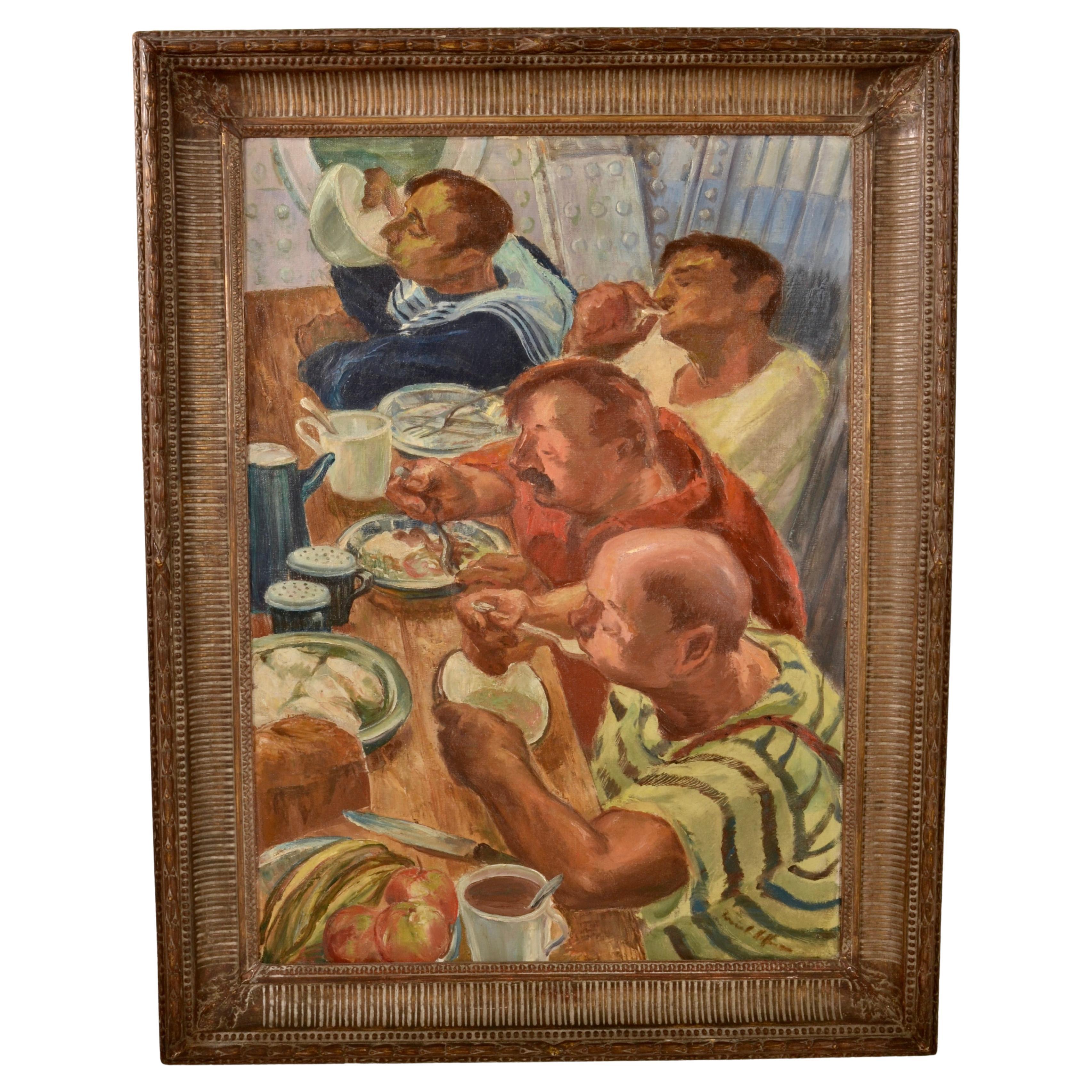 Oil on Canvas of Mariners Sharing a Meal, USA c 1930s For Sale