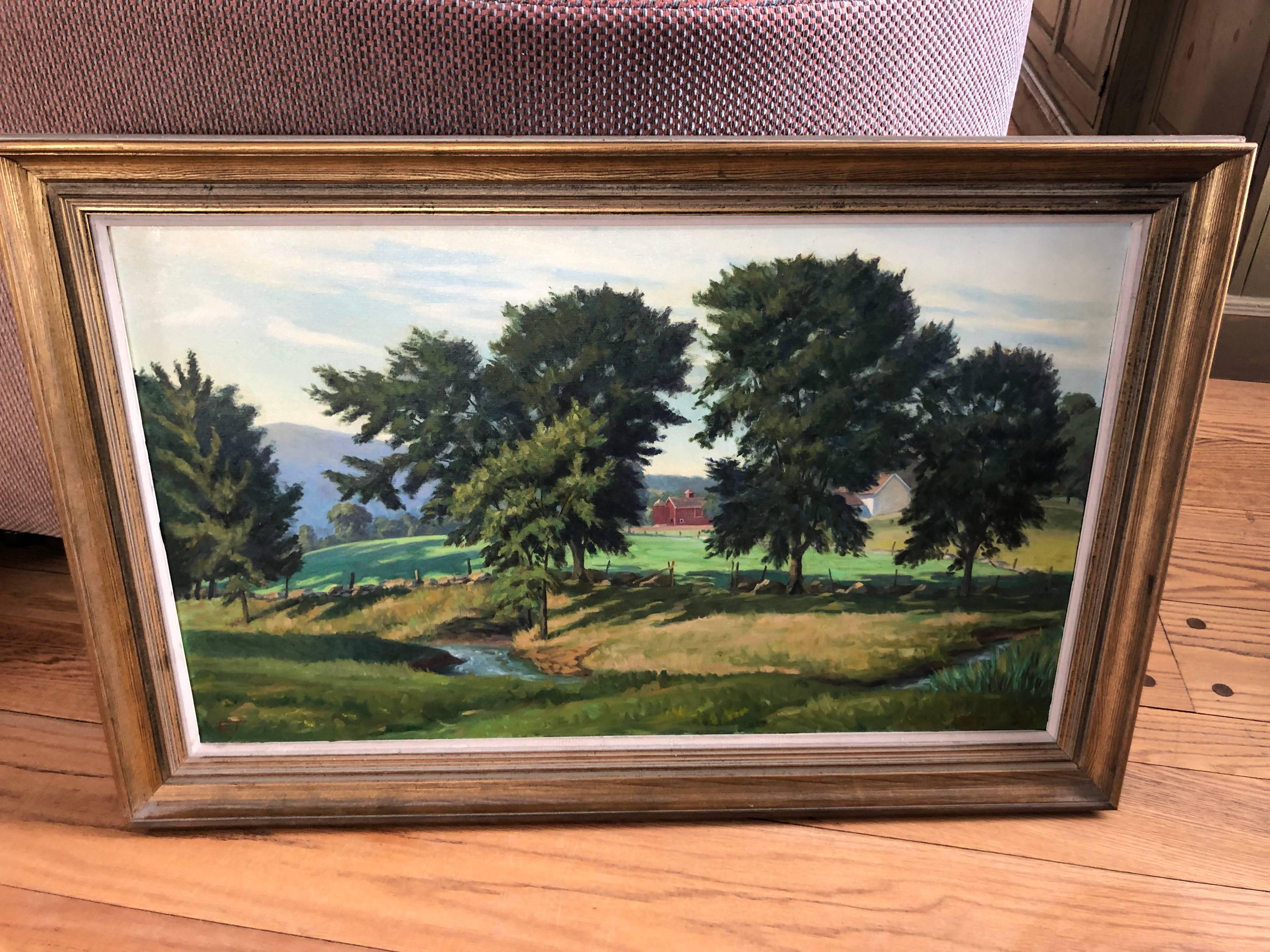 Oil on canvas of pastoral landscape. Beautiful bucolic country side.
Signed ET lower left side