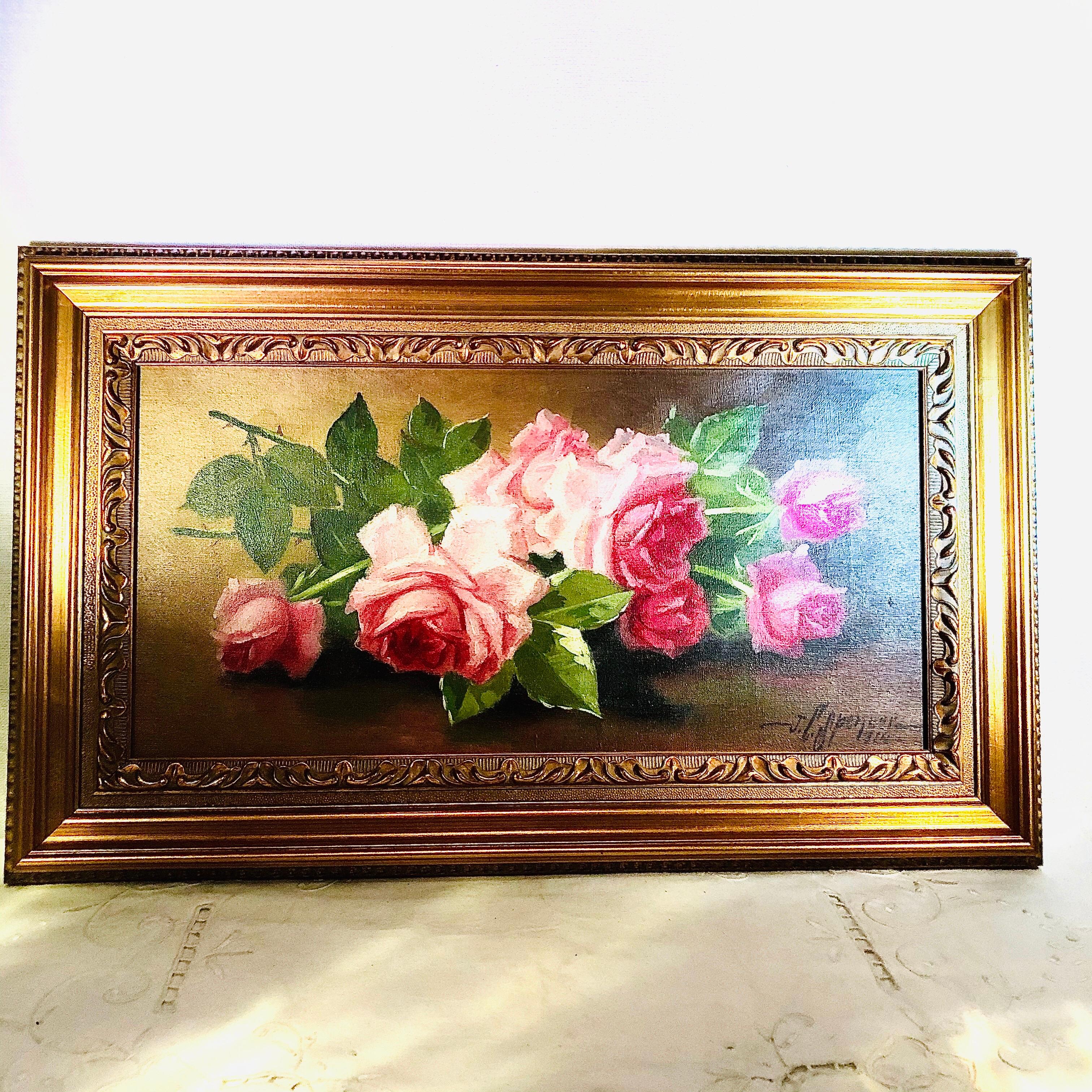 Romantic Oil on Canvas of Pink Roses Signed J. C. Spencer and Dated 1916