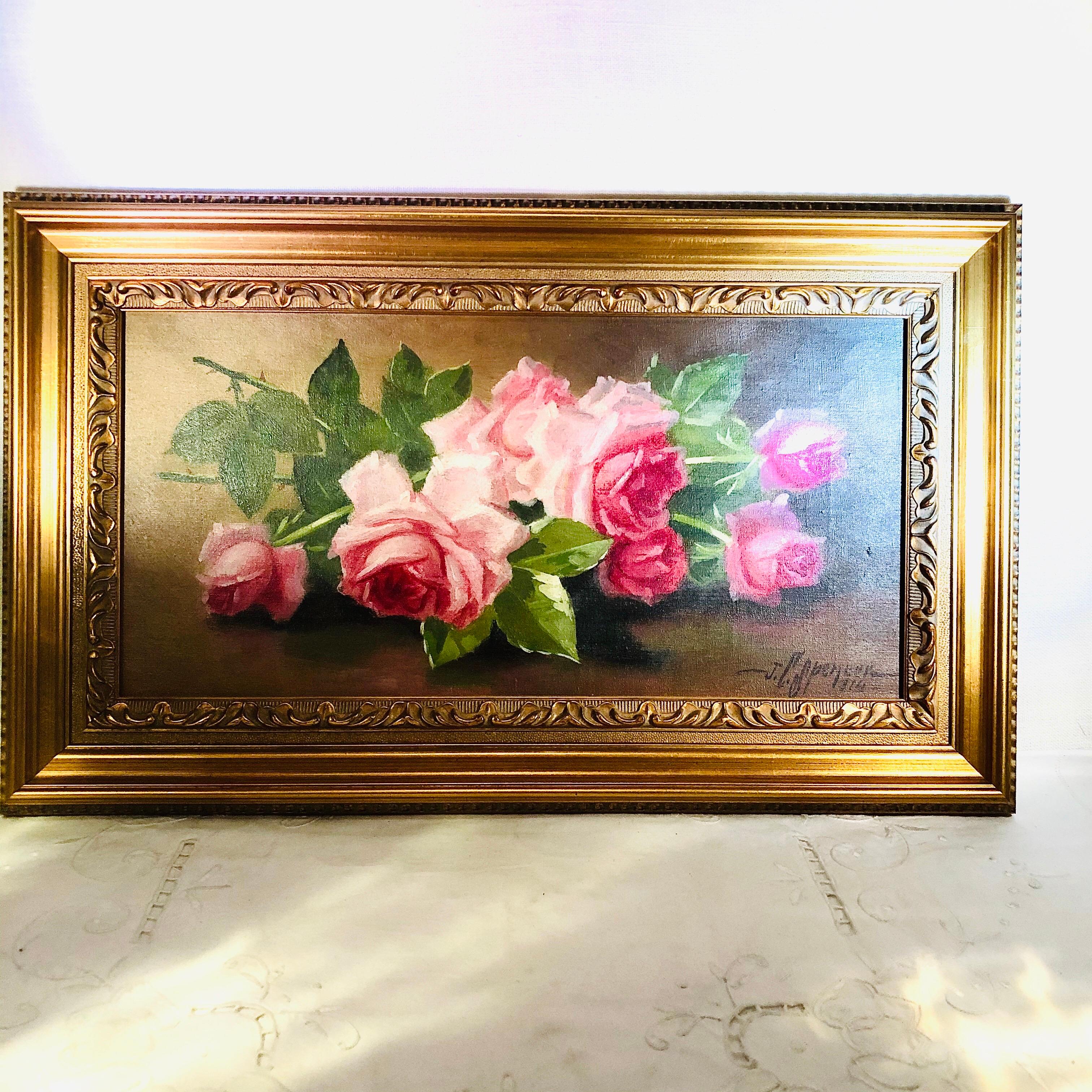 American Oil on Canvas of Pink Roses Signed J. C. Spencer and Dated 1916