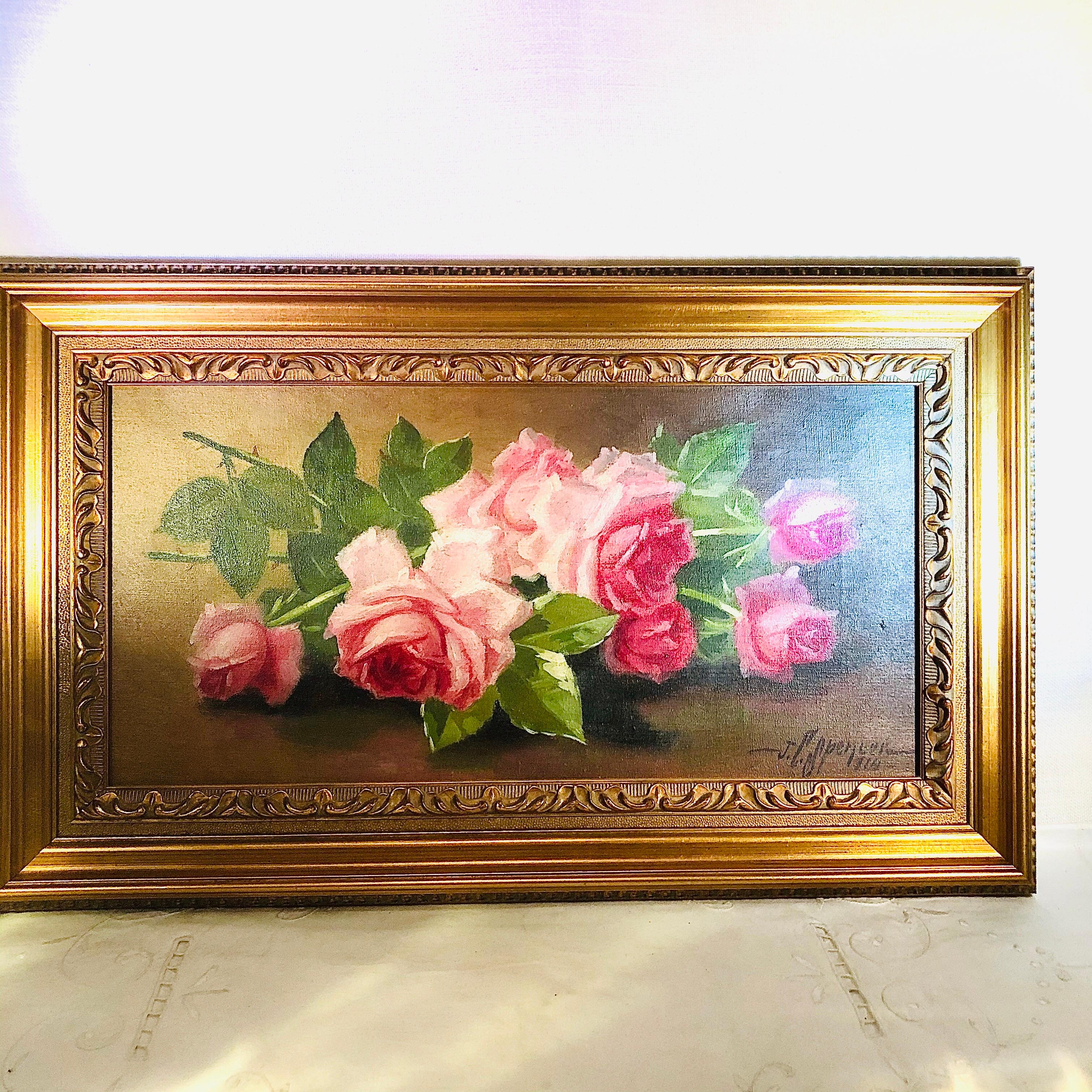 Hand-Painted Oil on Canvas of Pink Roses Signed J. C. Spencer and Dated 1916
