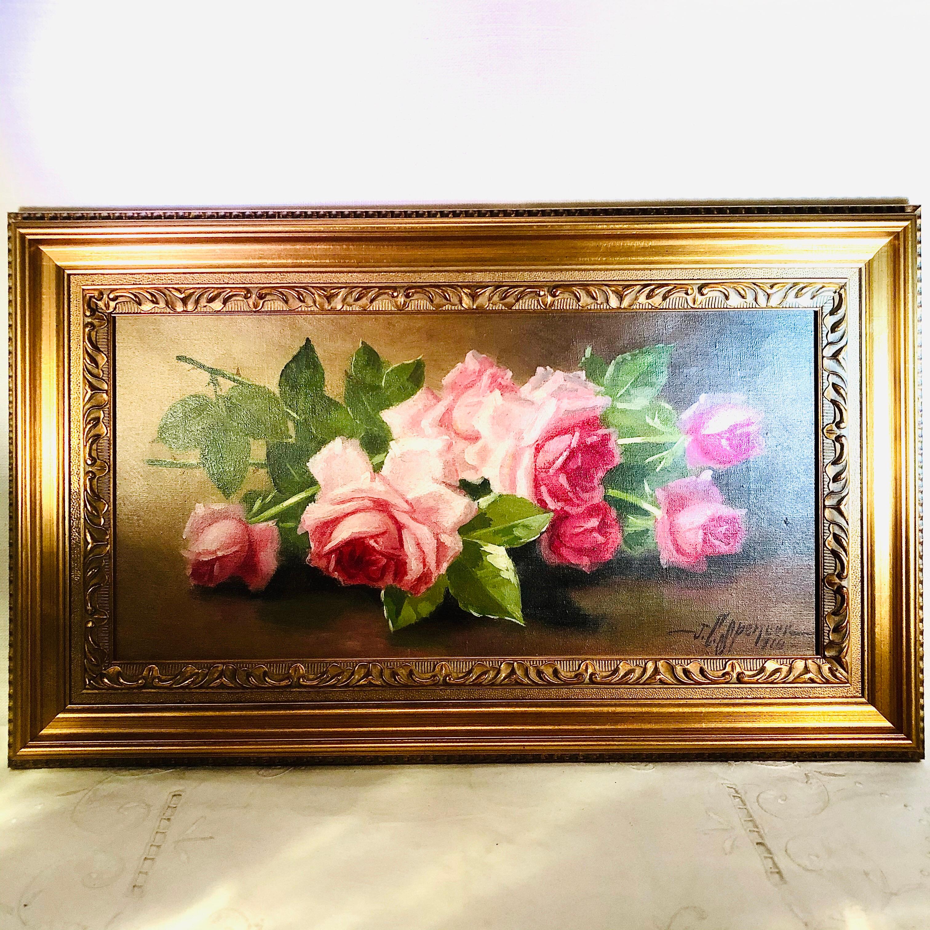 Oil on Canvas of Pink Roses Signed J. C. Spencer and Dated 1916 In Good Condition In Boston, MA
