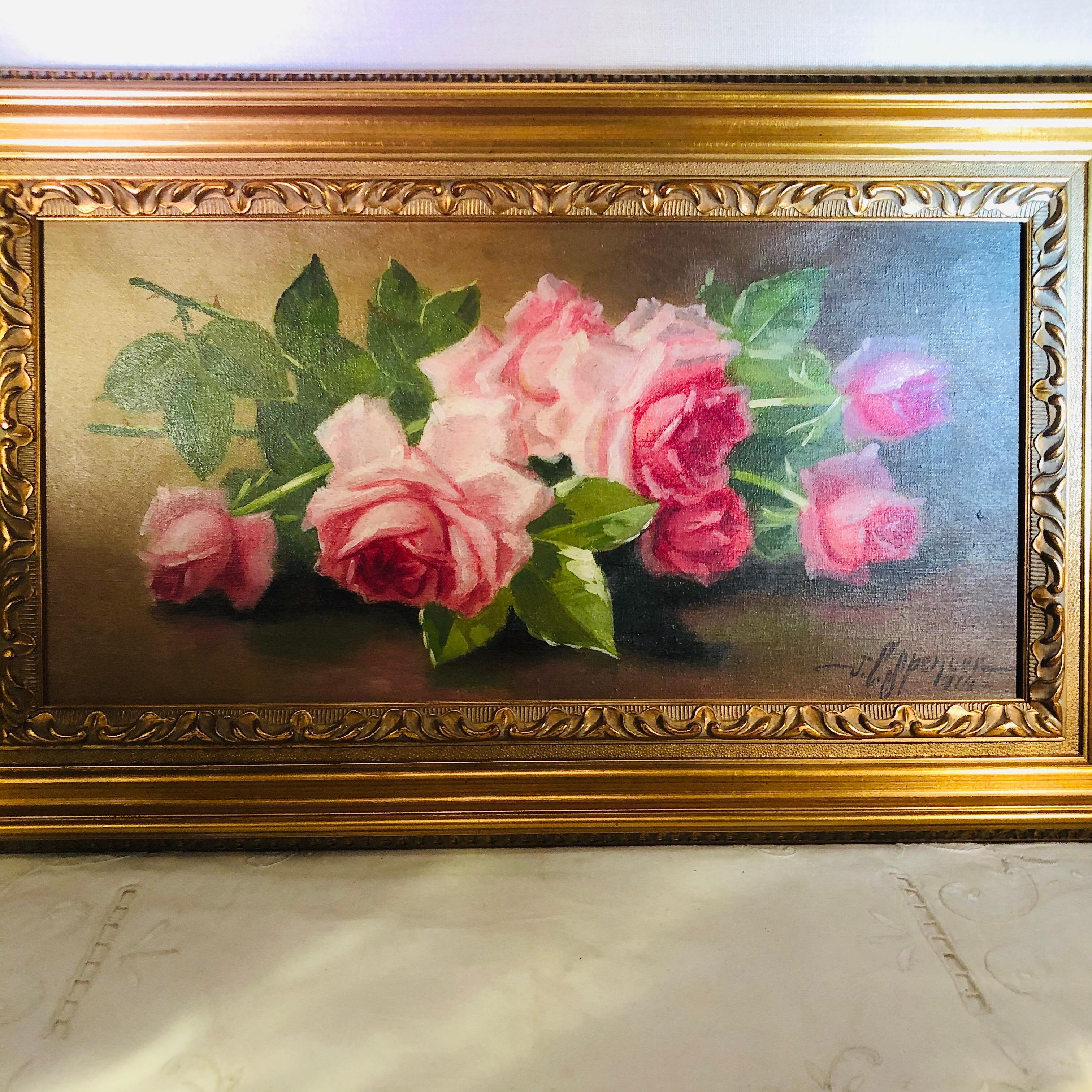 Early 20th Century Oil on Canvas of Pink Roses Signed J. C. Spencer and Dated 1916