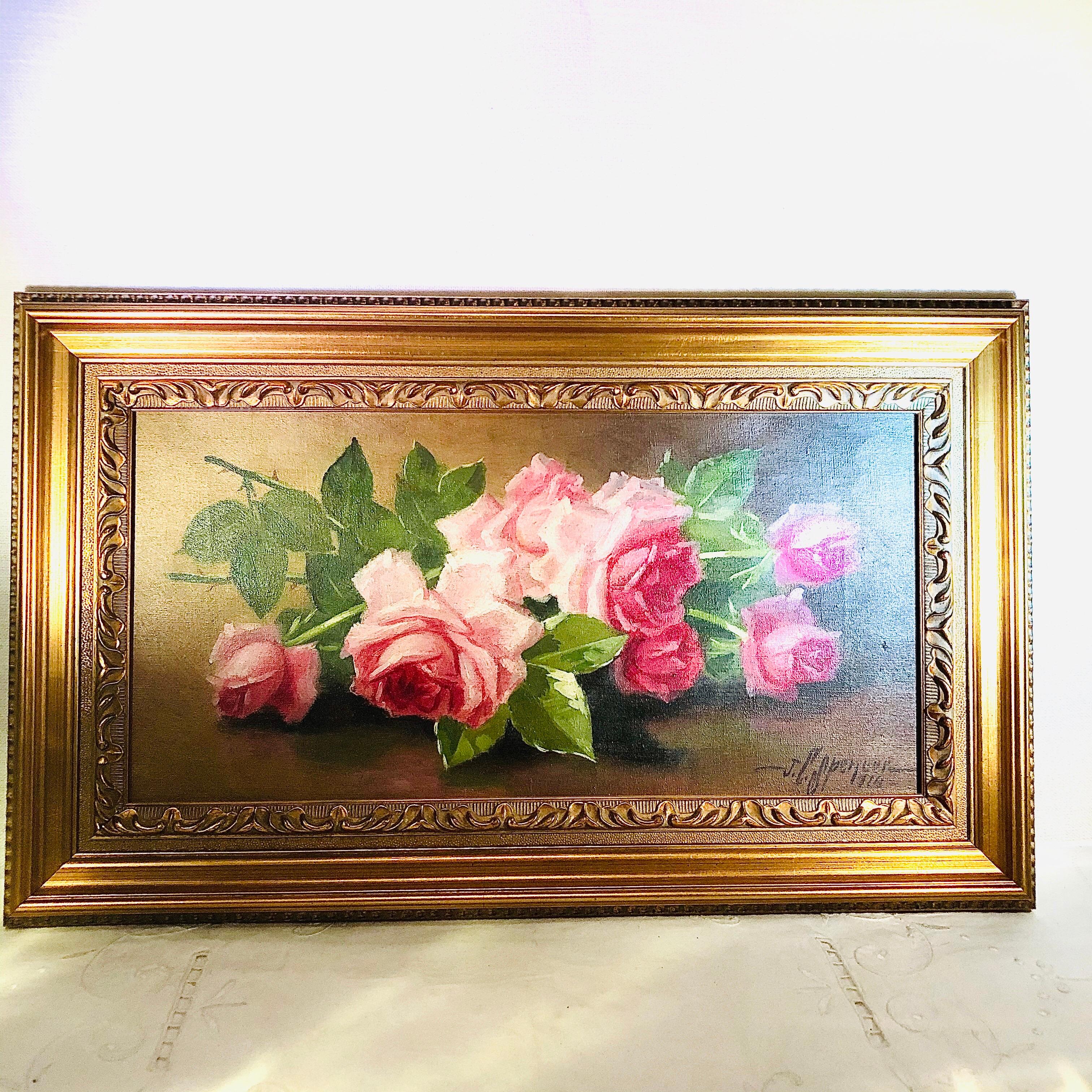 Oil on Canvas of Pink Roses Signed J. C. Spencer and Dated 1916 1