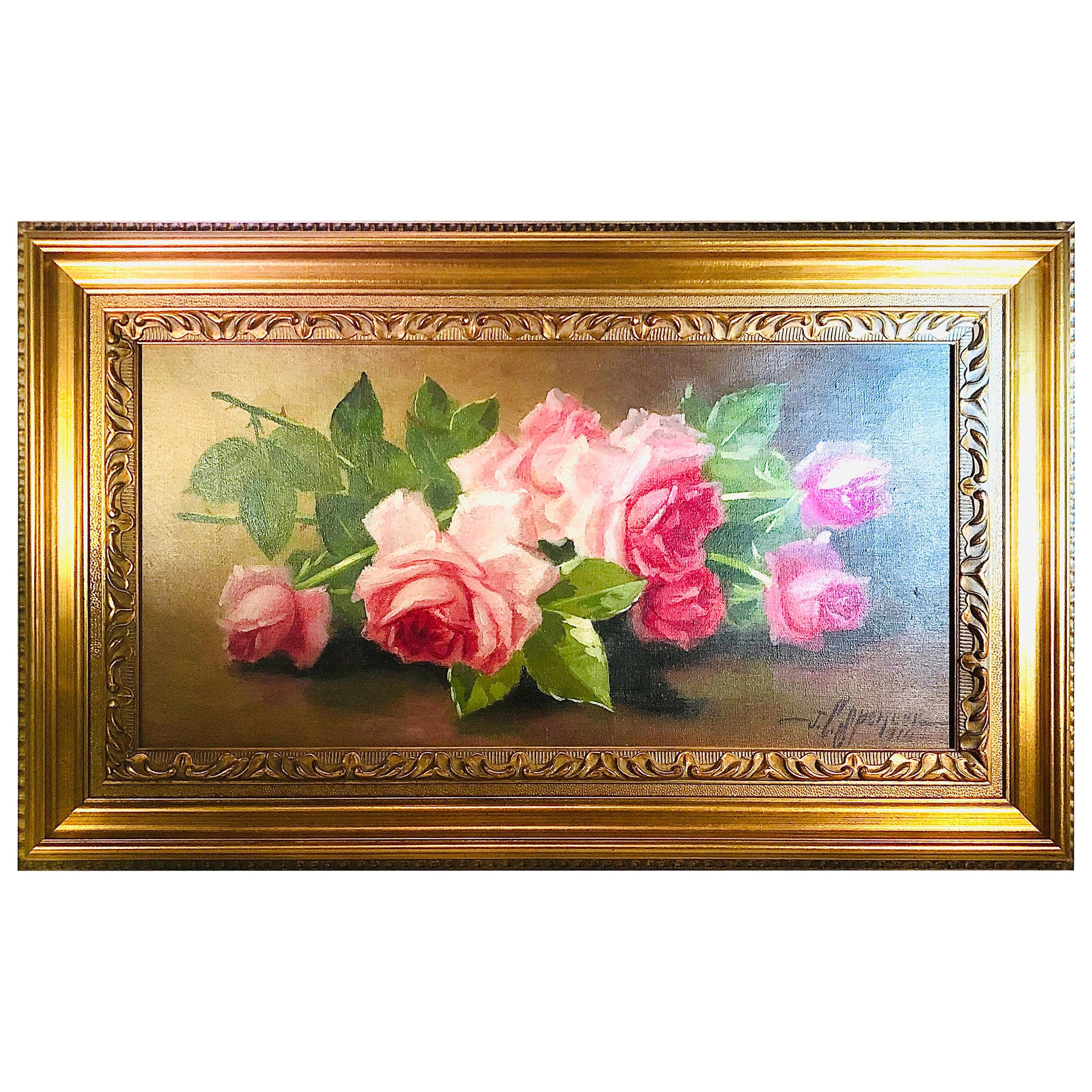 Oil on Canvas of Pink Roses Signed J. C. Spencer and Dated 1916
