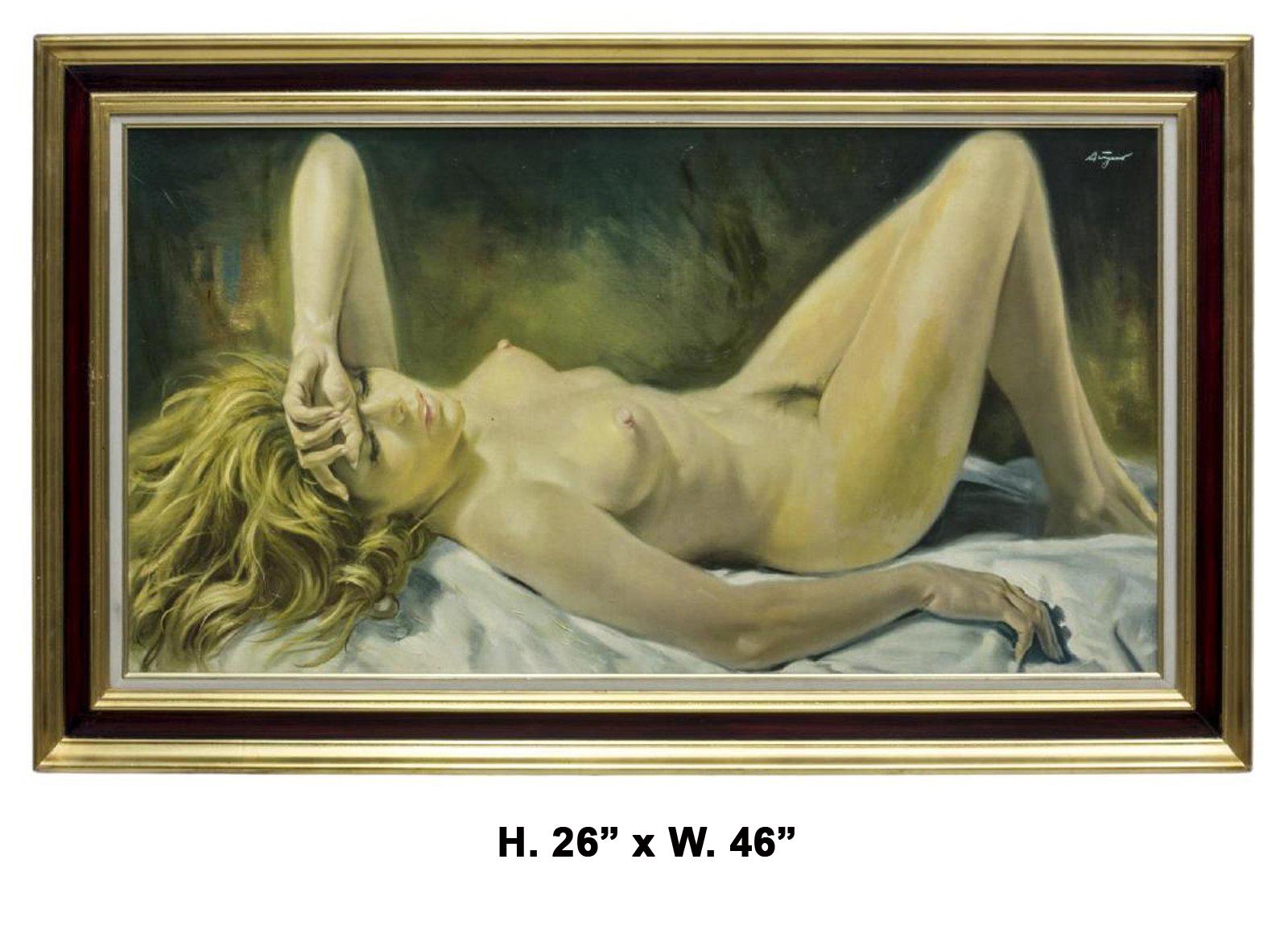 Beautiful oil on canvas of reclining blonde nude on a white bed sheet. Framed.
Signed (see attached photo).
20th century. 

Painting dimensions: H. 20