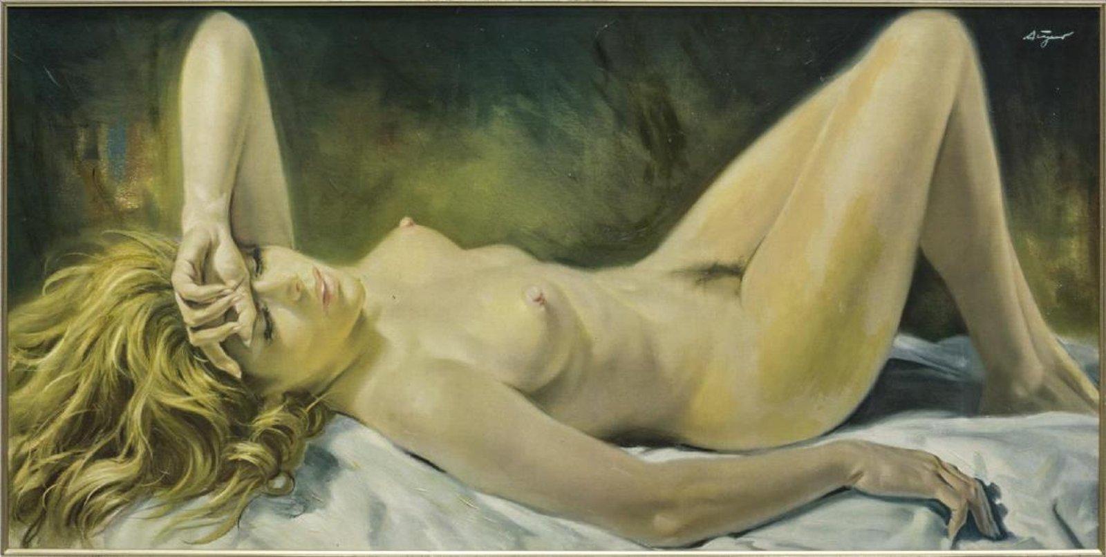 Hand-Painted Oil on Canvas of Reclining Nude For Sale