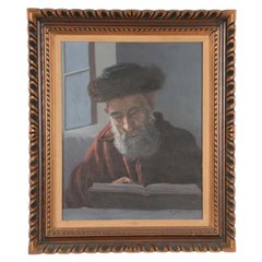 Oil on Canvas of Religious Rabbi Scholar Studying Painting Judaica, Signed