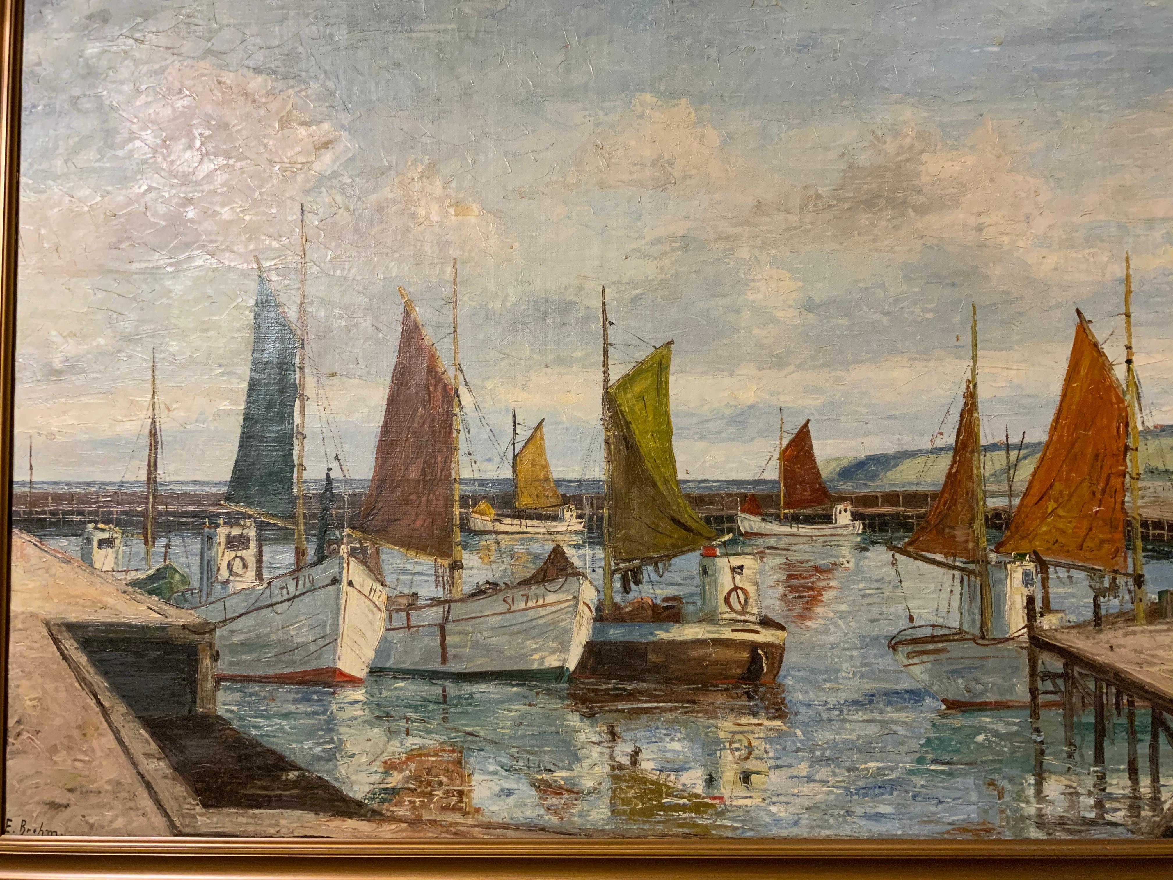 Öl auf Leinwand von Emil Brehm, 1880–1954, Seelandschaft mit schweizer Booten im Hafen (Schweizerisch)