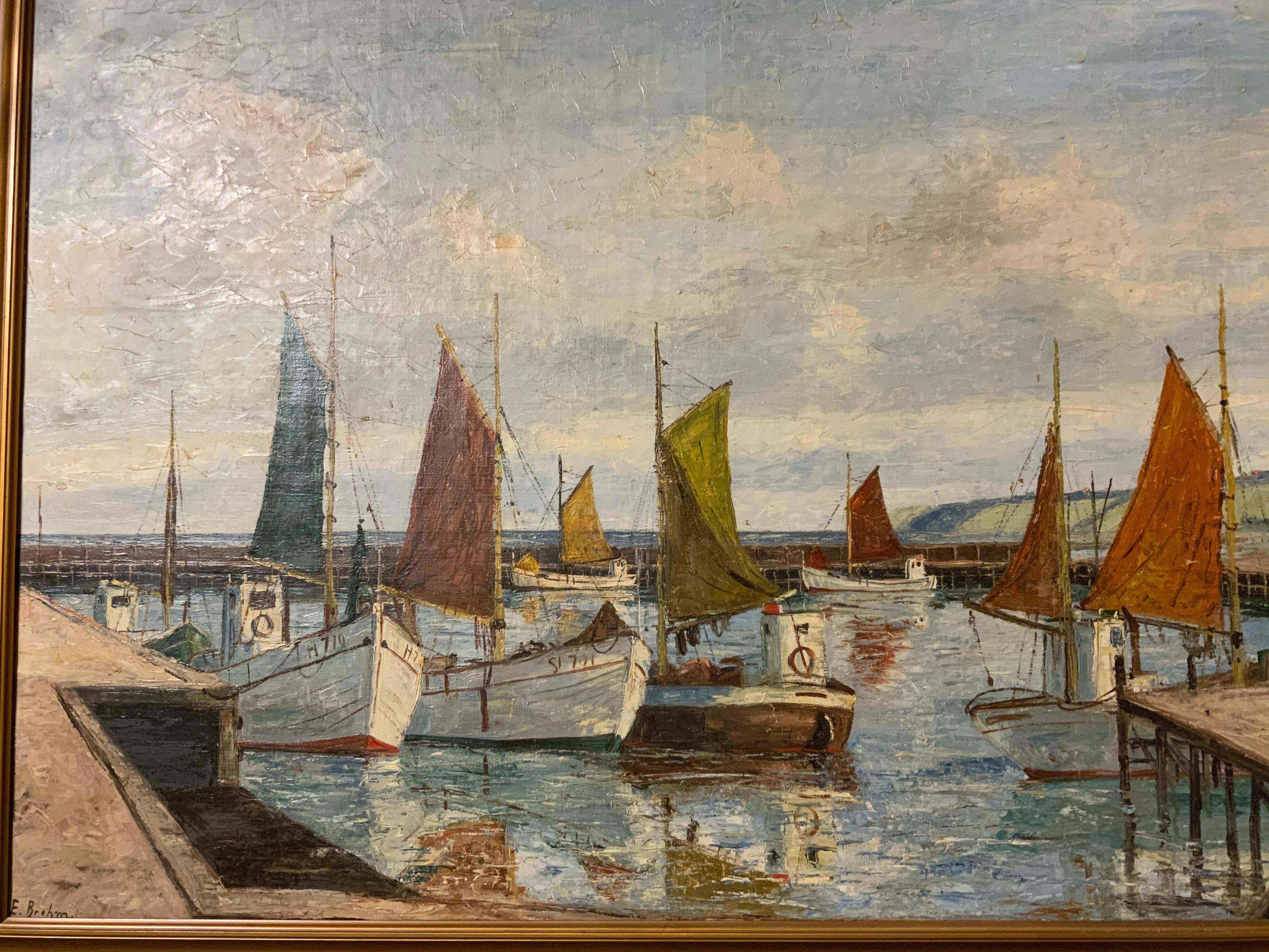 Öl auf Leinwand von Emil Brehm, 1880–1954, Seelandschaft mit schweizer Booten im Hafen im Zustand „Gut“ in Houston, TX