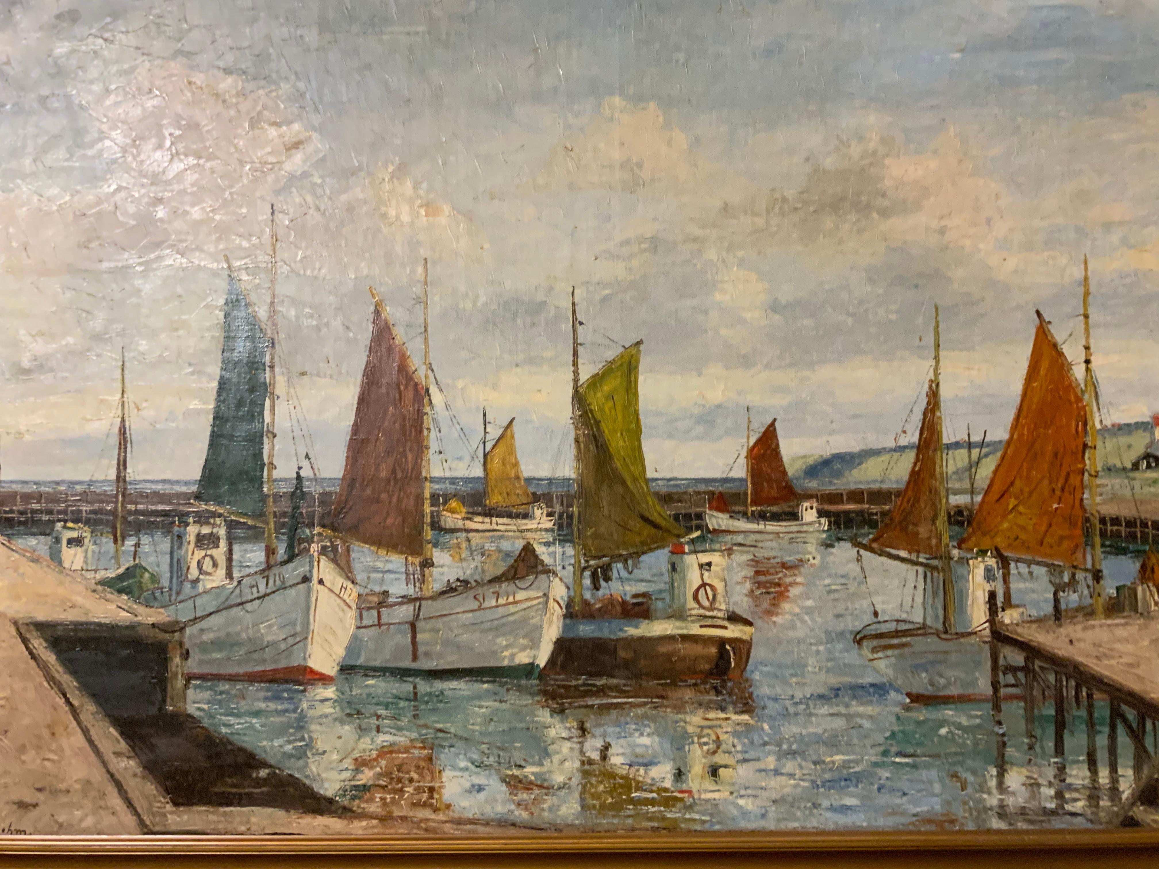 Öl auf Leinwand von Emil Brehm, 1880–1954, Seelandschaft mit schweizer Booten im Hafen (Spätes 19. Jahrhundert)