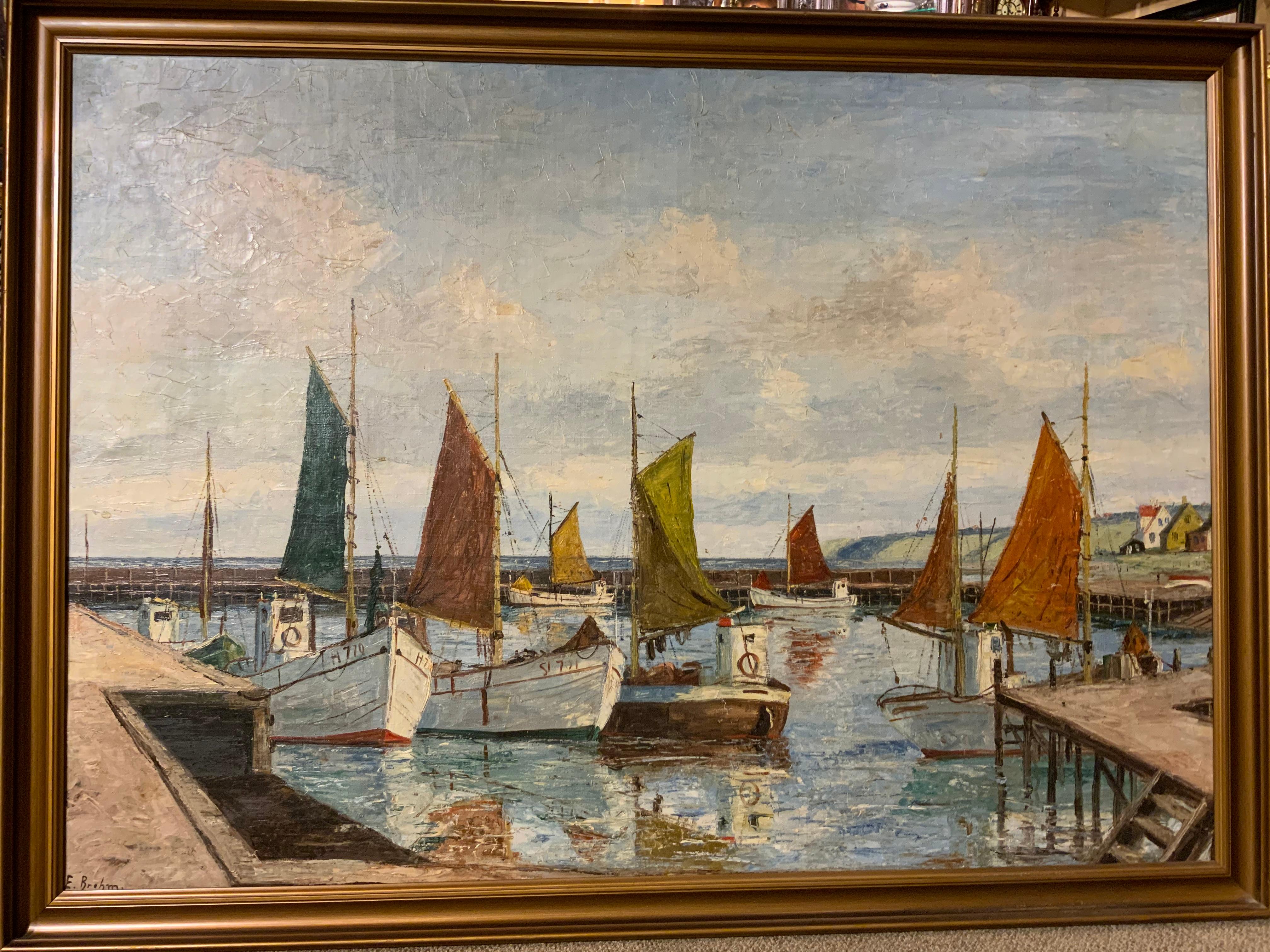 Öl auf Leinwand von Emil Brehm, 1880–1954, Seelandschaft mit schweizer Booten im Hafen (Farbe)
