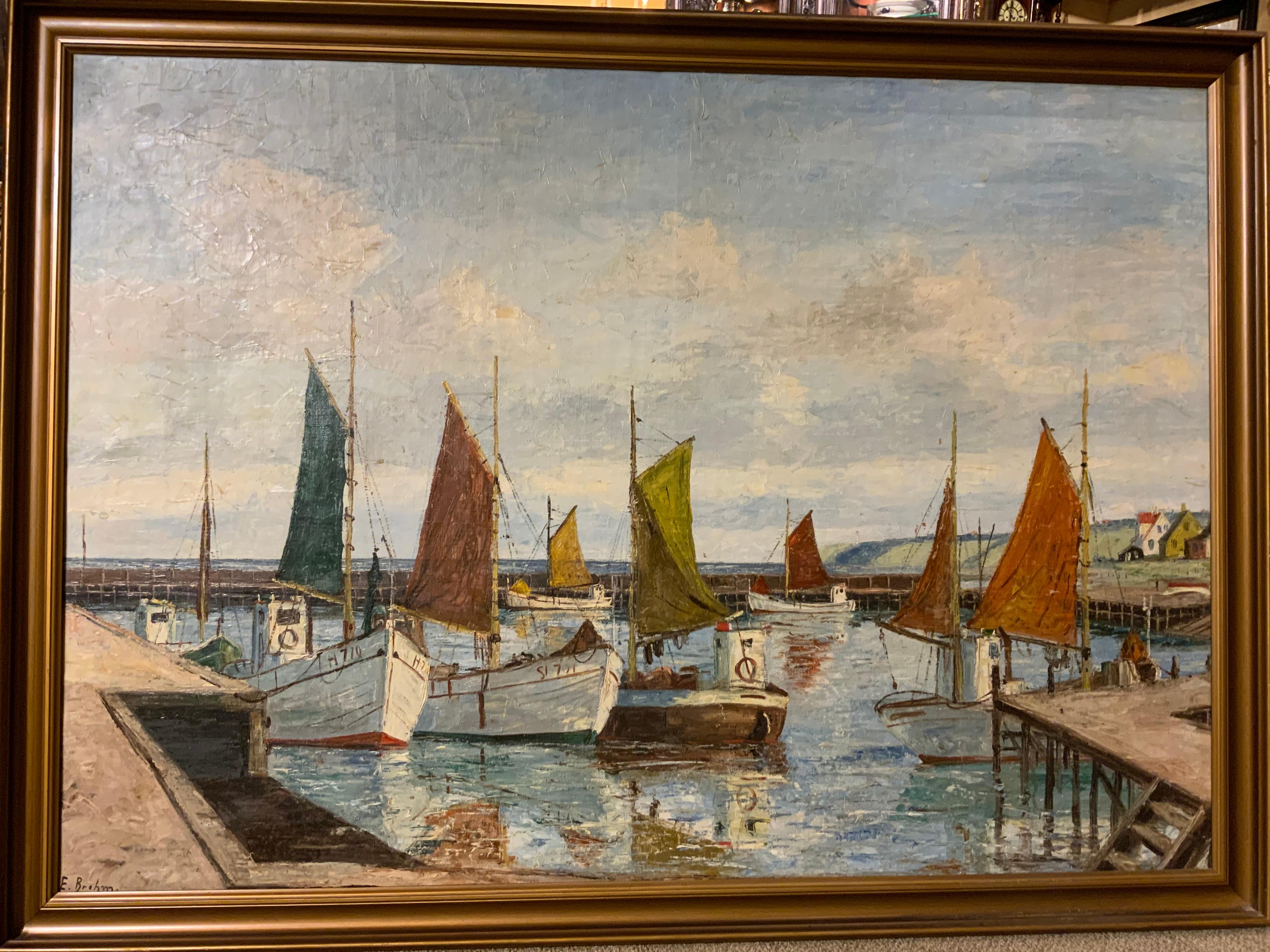 Öl auf Leinwand von Emil Brehm, 1880–1954, Seelandschaft mit schweizer Booten im Hafen 1