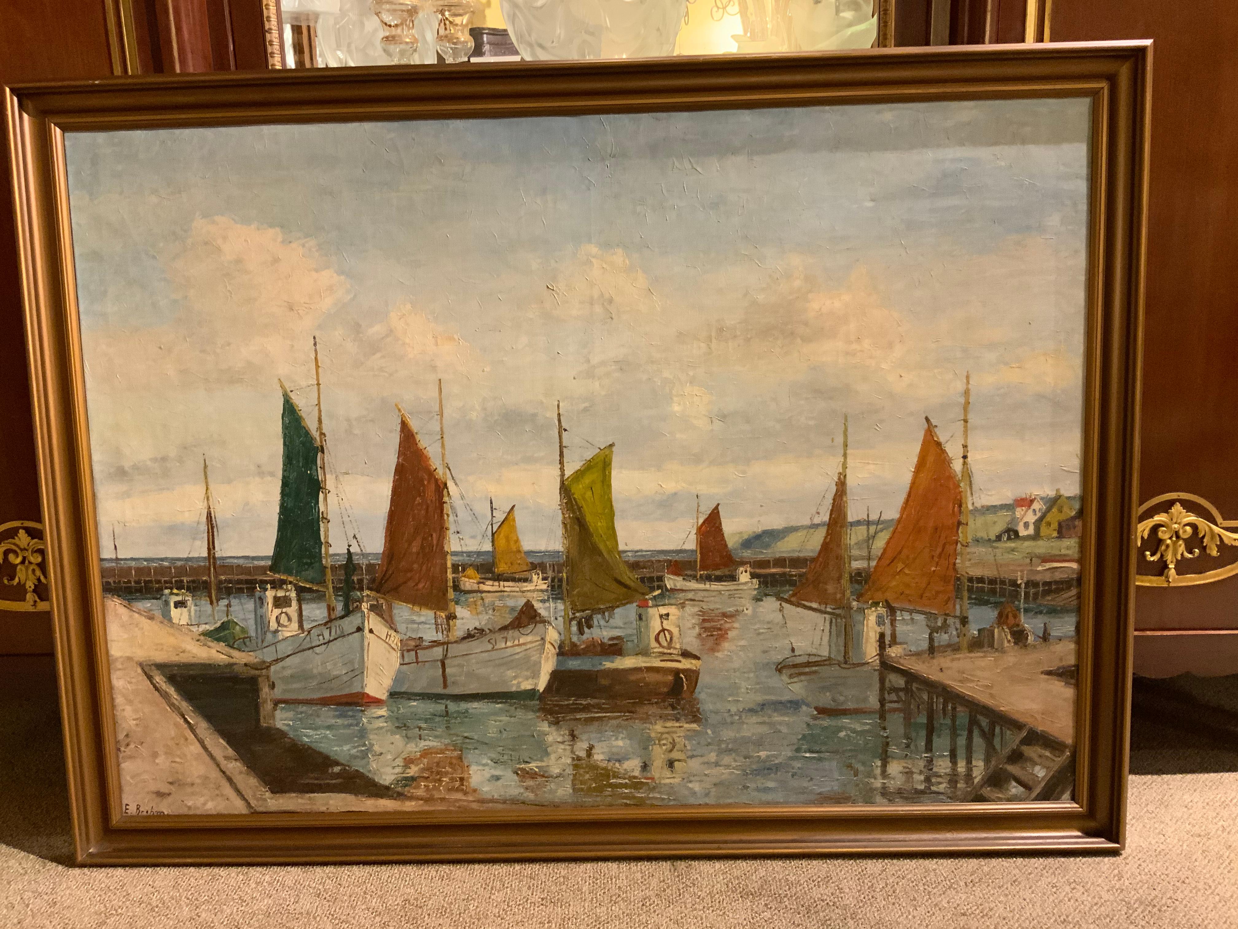 Öl auf Leinwand von Emil Brehm, 1880–1954, Seelandschaft mit schweizer Booten im Hafen 3