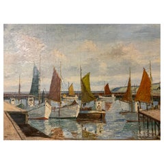 Öl auf Leinwand von Emil Brehm, 1880–1954, Seelandschaft mit schweizer Booten im Hafen