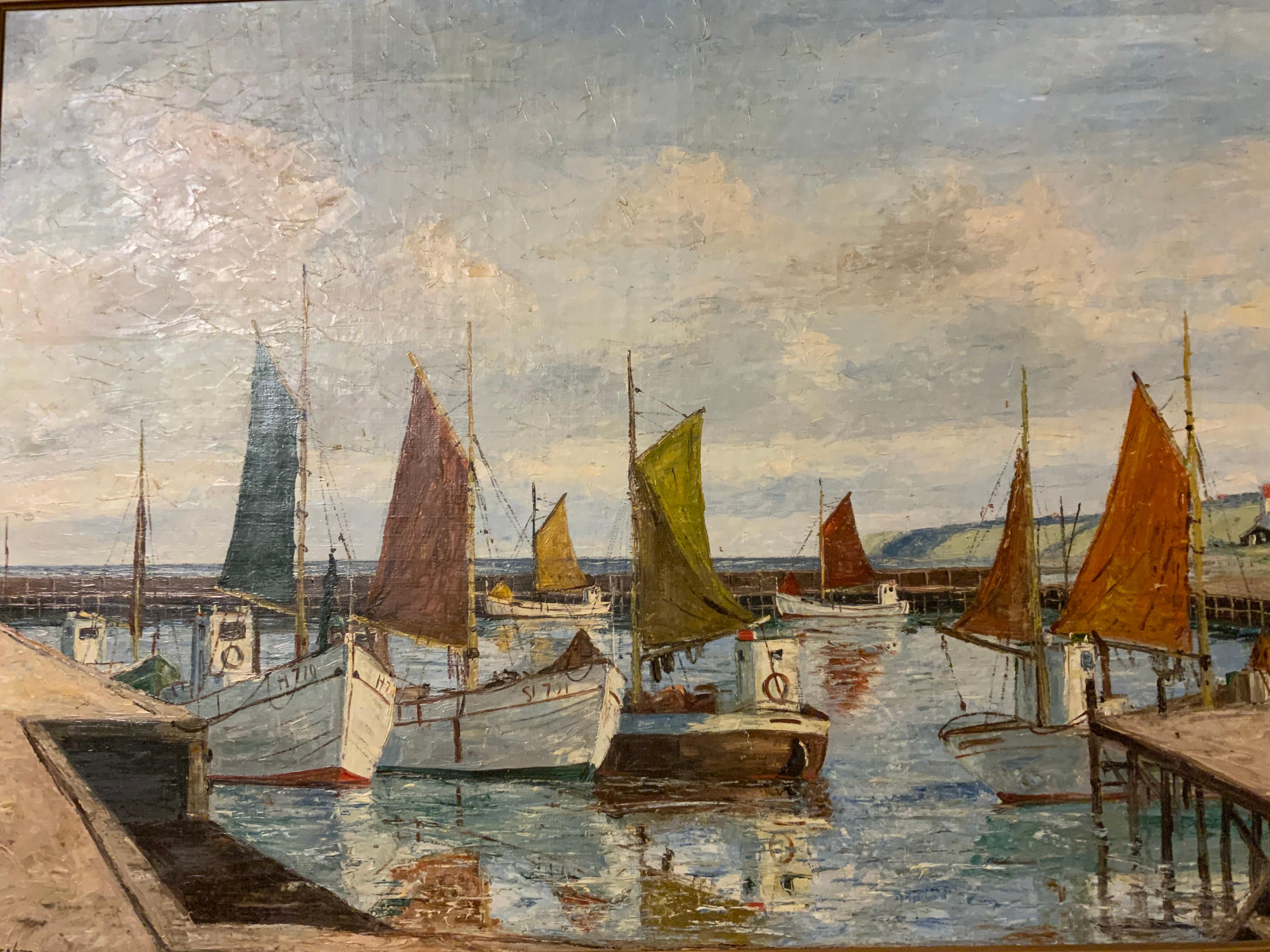 Gerahmtes Ölgemälde auf Leinwand mit großen Schweizer Booten in einem Schweizer Hafen von Emil Brehm.
Bunte Segelmasten in warmen Orangen-, Grün- und Bernsteintönen. Klarer blauer Himmel mit
Weiße, bauschige Wolken. Das Dorf im Hintergrund.