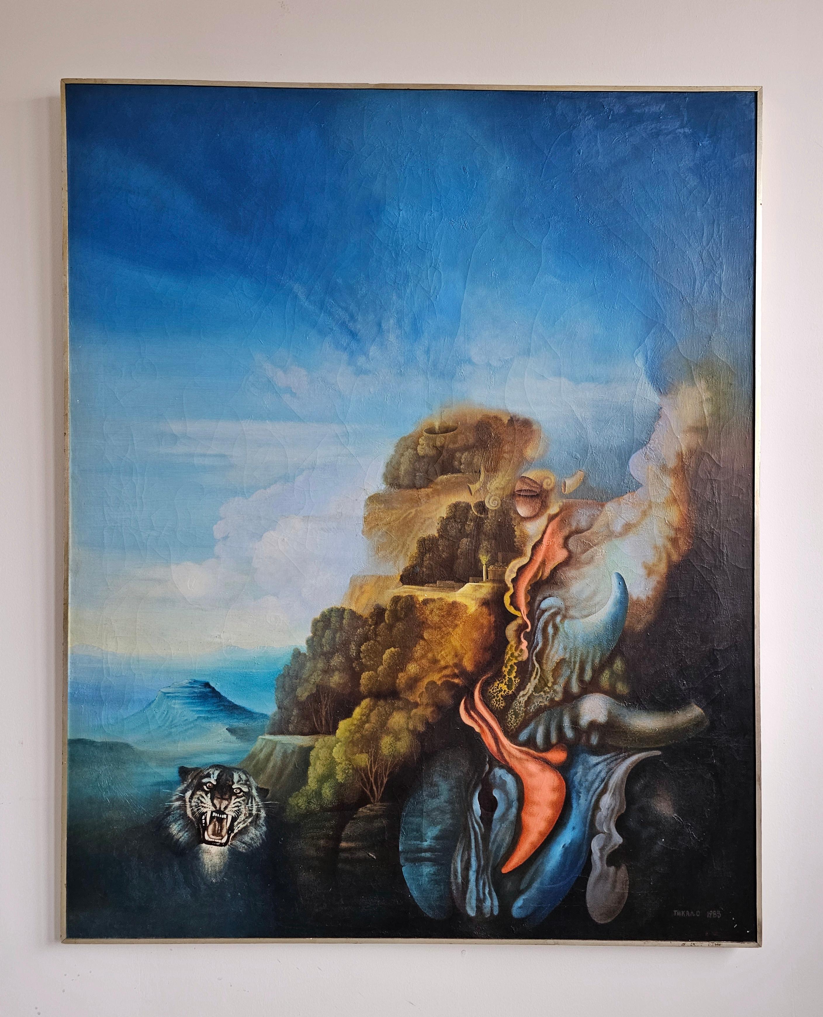 In diesem Angebot finden Sie ein großformatiges Öl auf Leinwand des jugoslawischen Künstlers Mihailo Đoković Tikalo. Das Gemälde zeigt eine surrealistische Szenerie - eine imaginäre Landschaft mit einem abstrakten weiblichen Akt und dem Tigerkopf in