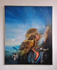 Oil on Canvas of surrealist scene by a Yugoslav artist Mihailo Djokovic Tikalo
