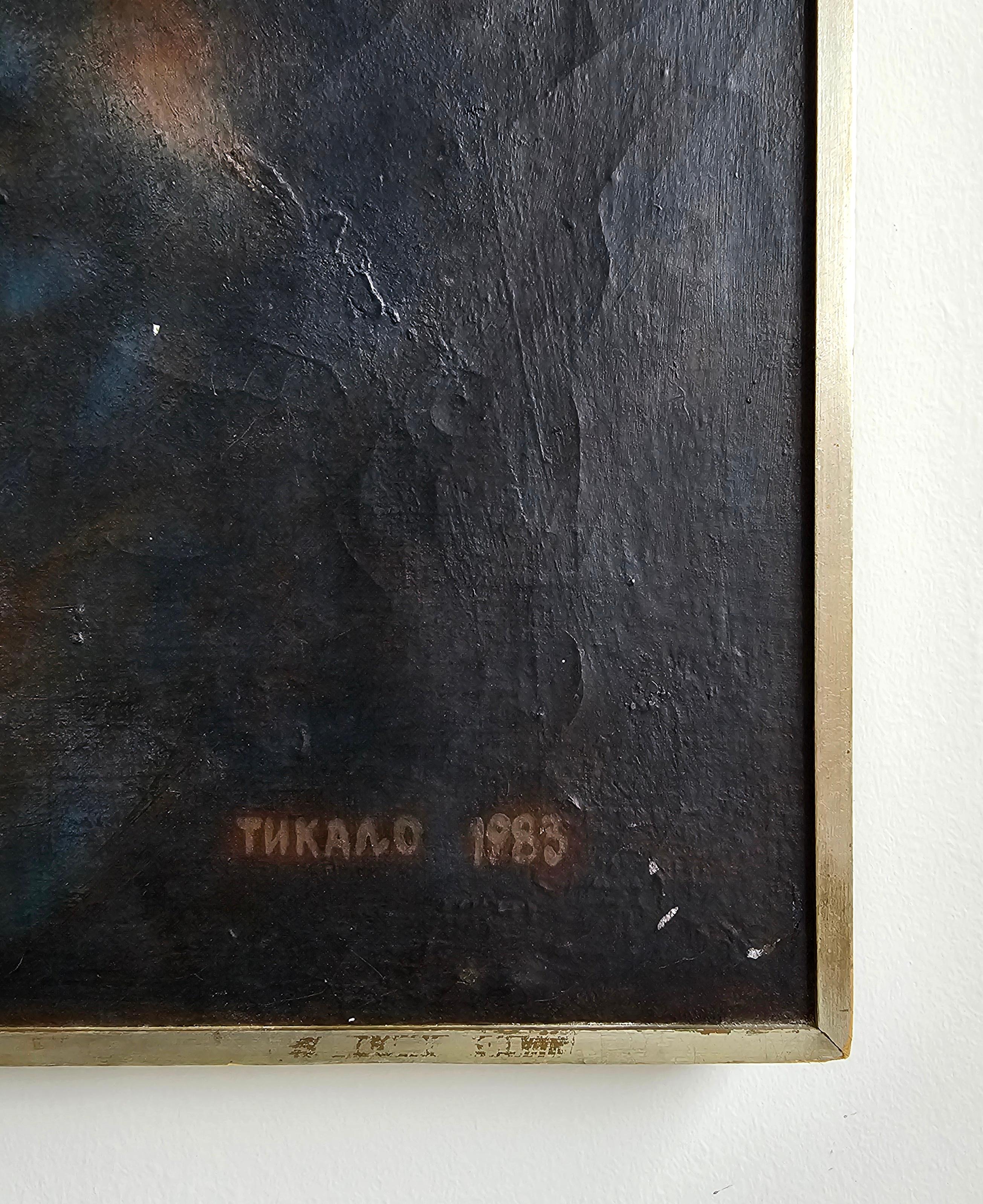 Ölgemälde auf Leinwand mit surrealistischer Szene eines jugoslawischen Künstlers Mihailo Djokovic Tikalo, Öl im Zustand „Gut“ im Angebot in Beograd, RS