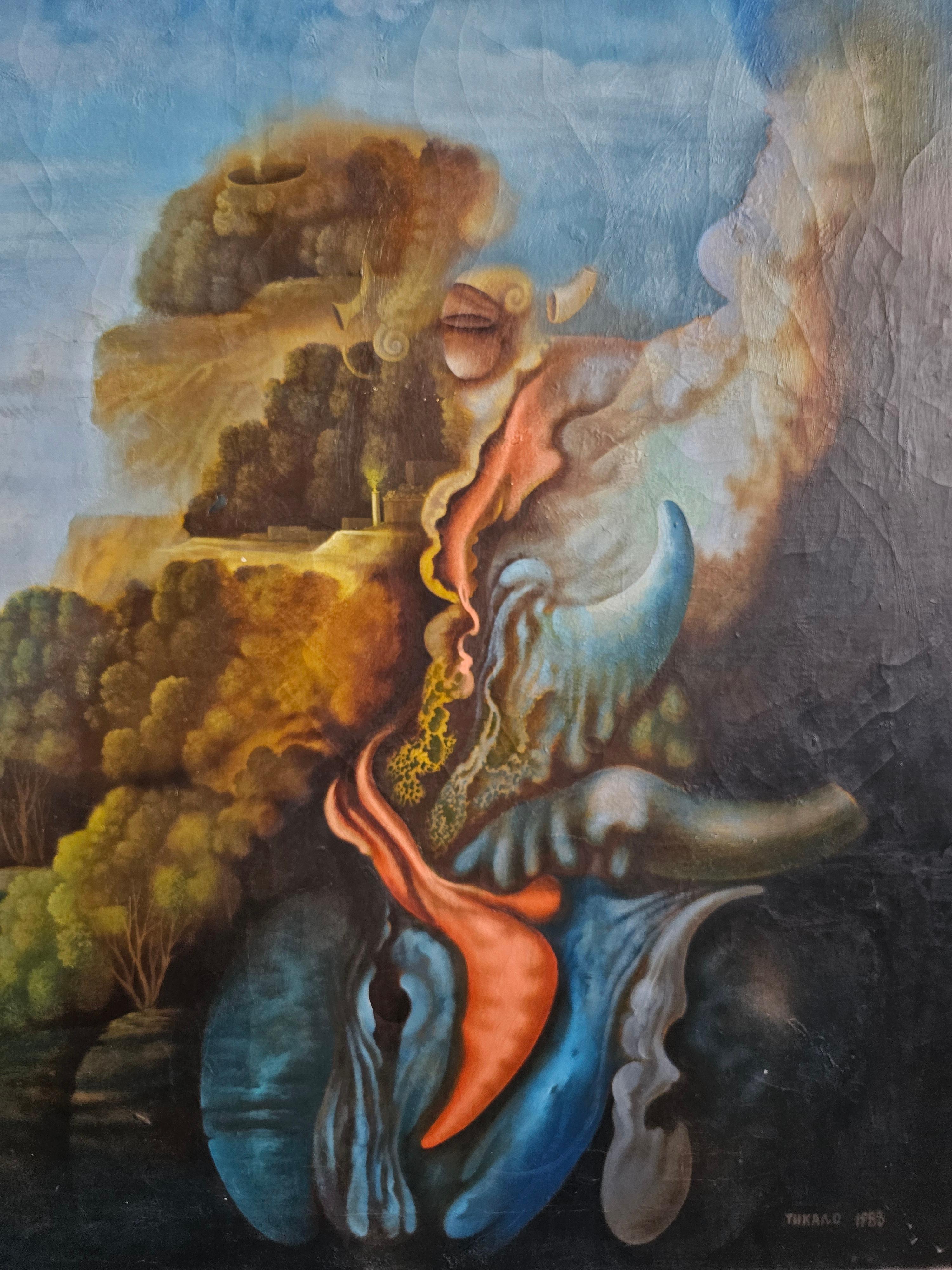 Ölgemälde auf Leinwand mit surrealistischer Szene eines jugoslawischen Künstlers Mihailo Djokovic Tikalo, Öl (Ende des 20. Jahrhunderts) im Angebot