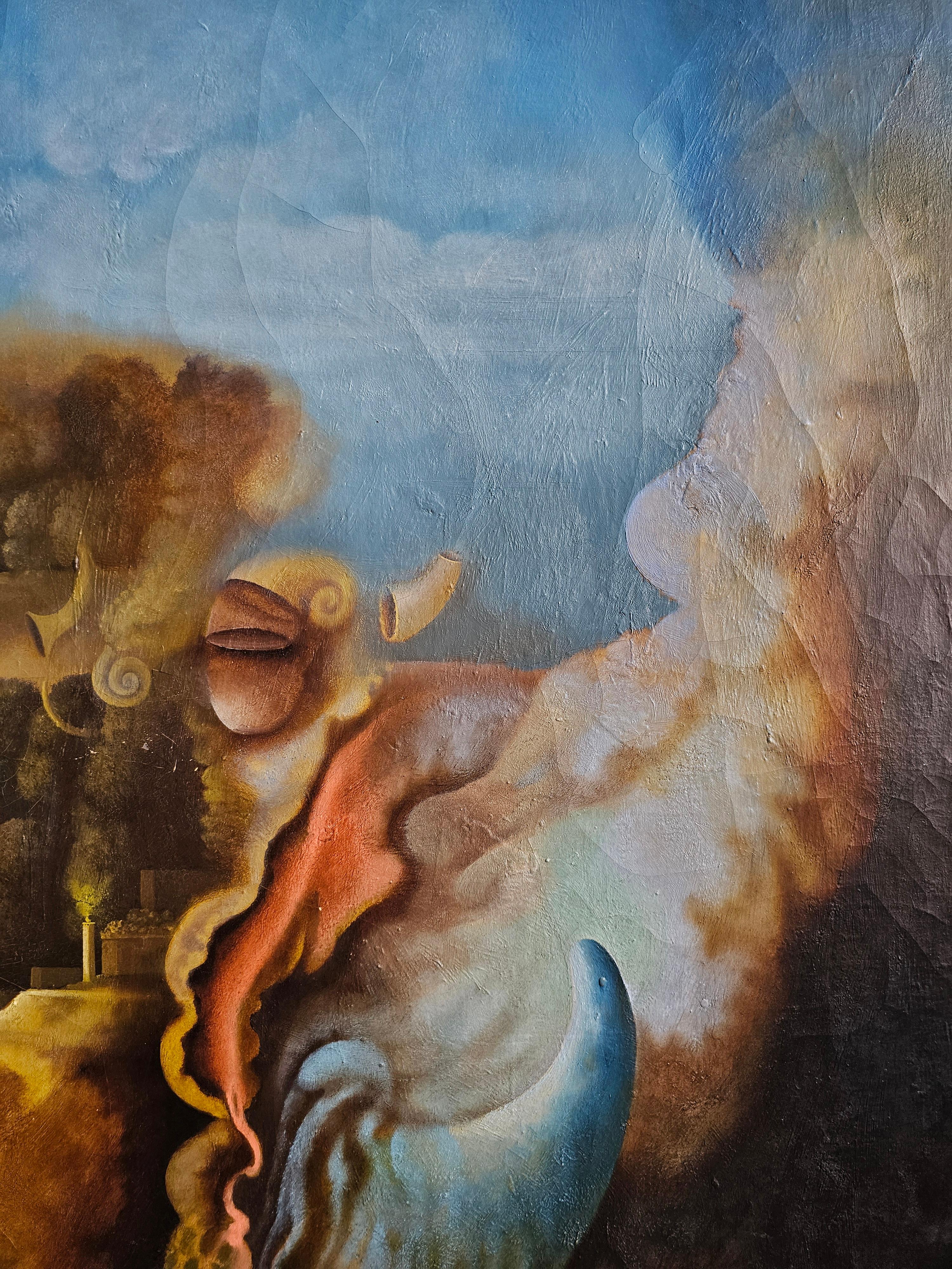 Ölgemälde auf Leinwand mit surrealistischer Szene eines jugoslawischen Künstlers Mihailo Djokovic Tikalo, Öl im Angebot 1