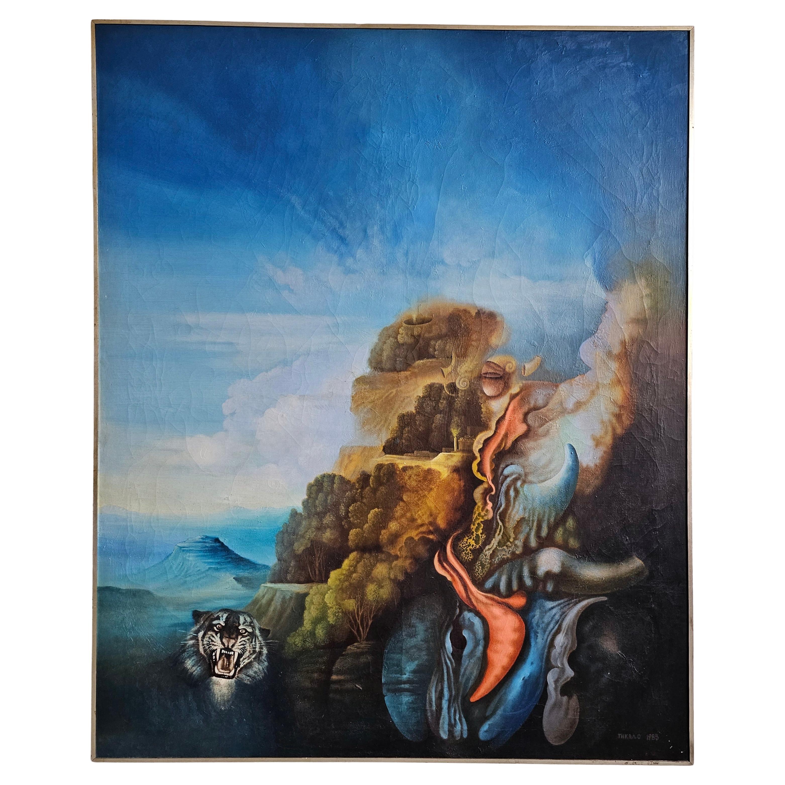 Oil on Canvas of surrealist scene by a Yugoslav artist Mihailo Djokovic Tikalo